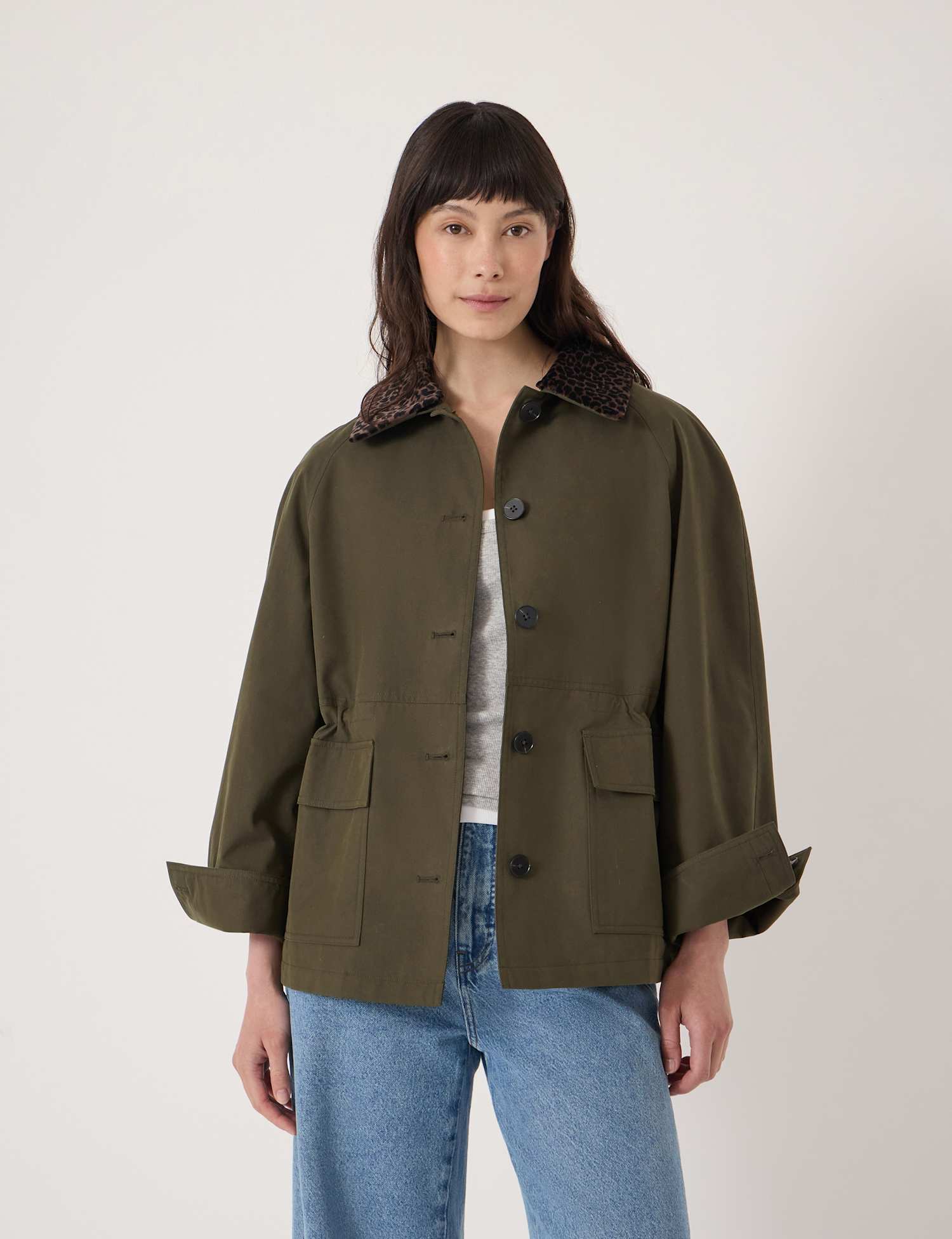 HUSH Cotton Rich Oversized Collared Barn Jacket Khaki