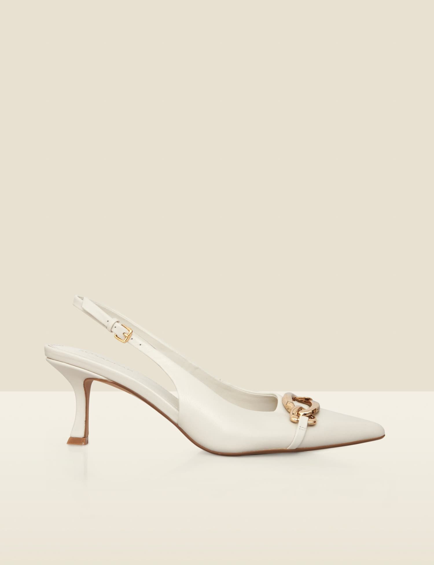 SOSANDAR Leather Chain Kitten Heel Slingback Shoes Cream