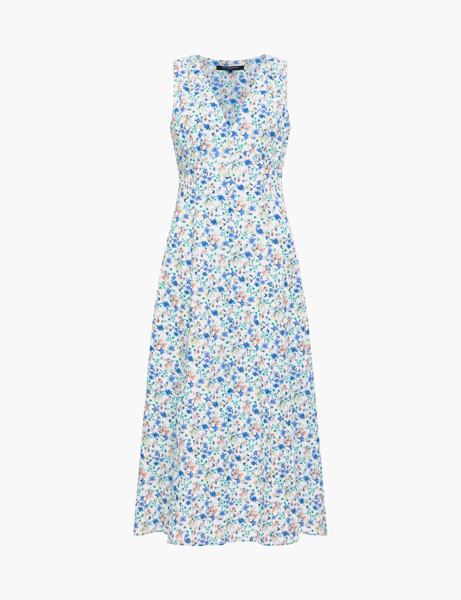 French Connection Pure Cotton Floral V-Neck Midi Skater Dress Blue Mix
