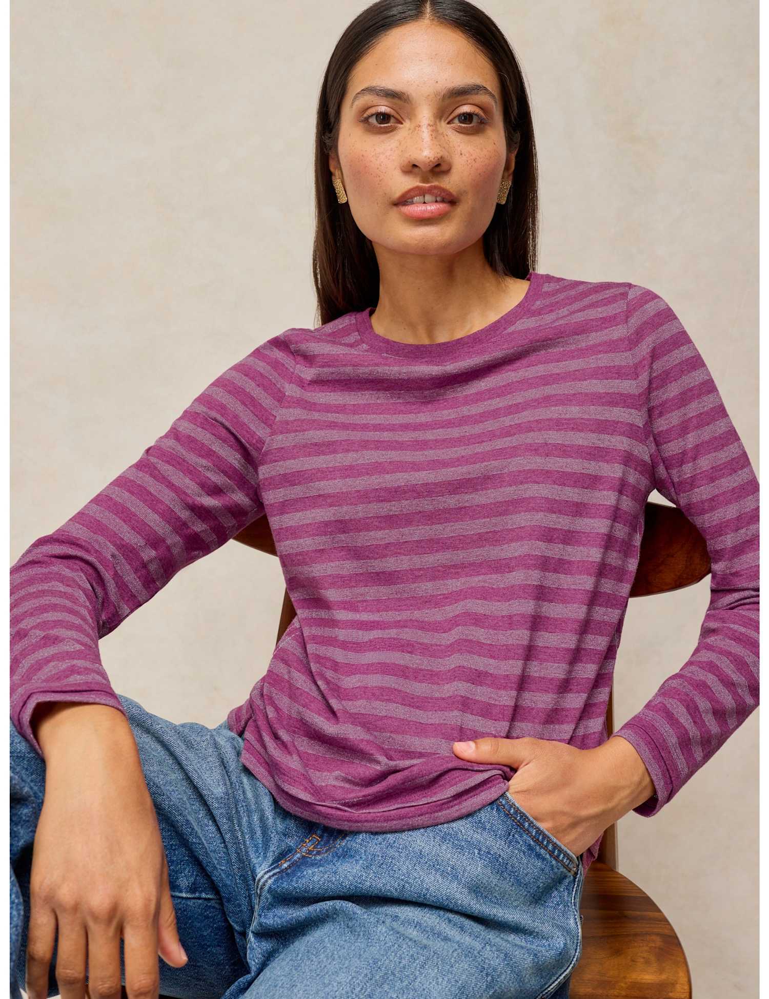 White Stuff Clara Striped Sparkly T-Shirt Pink Mix