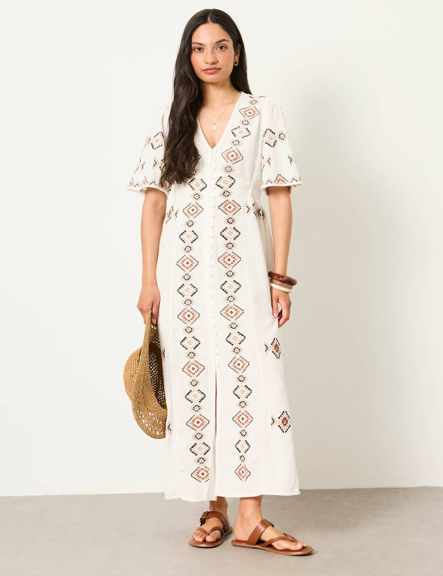 FatFace SOLENE EMB MIDI DRES Ivory Mix