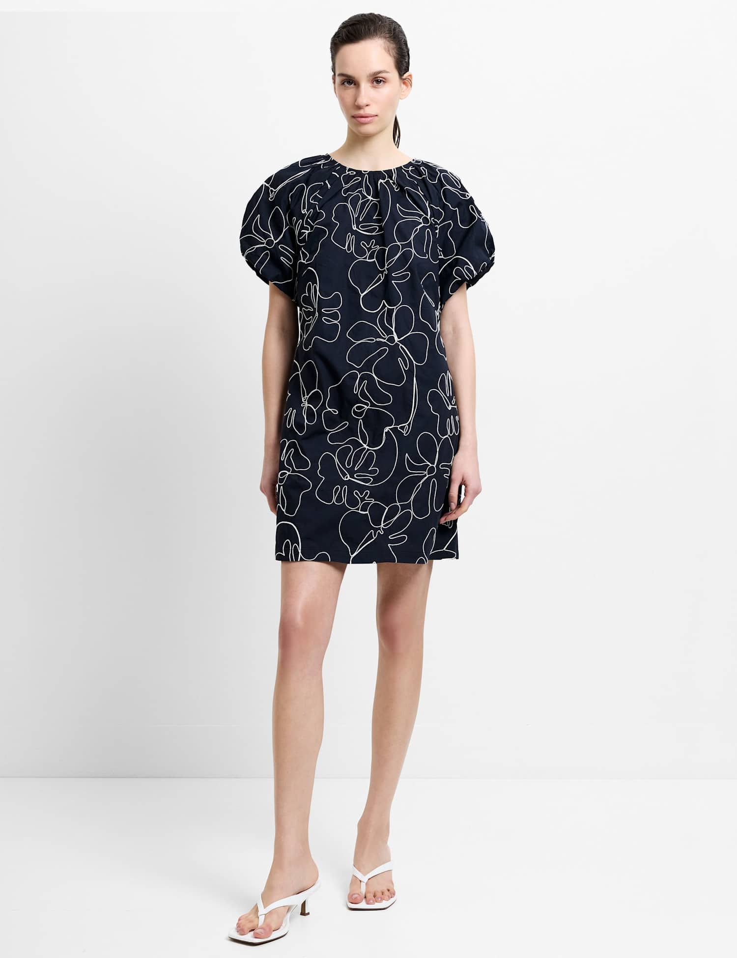 French Connection Pure Cotton Floral Embroidered Mini Shift Dress Black Mix