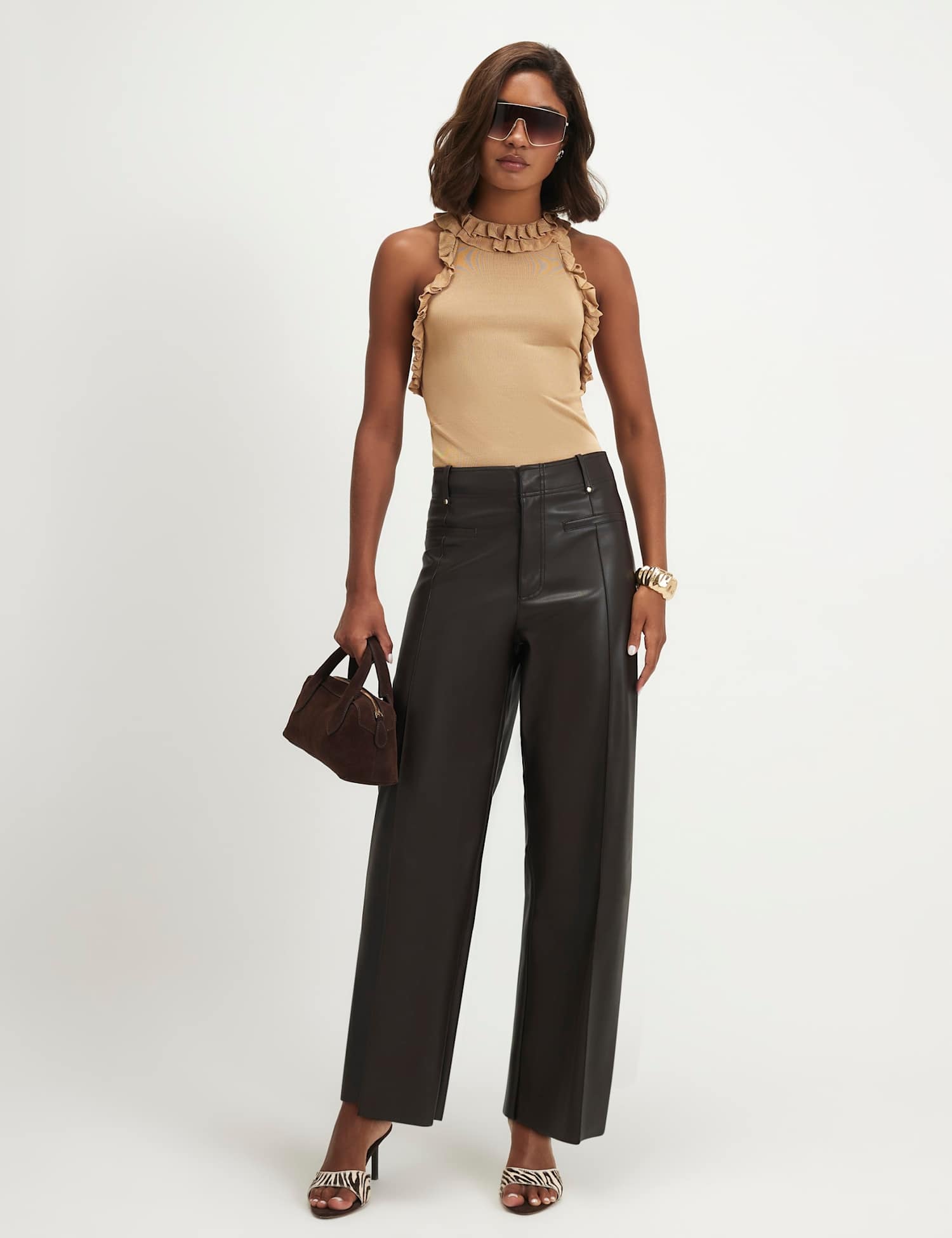 River Island Leather Look Slim Fit Cropped Trousers Dark Brown