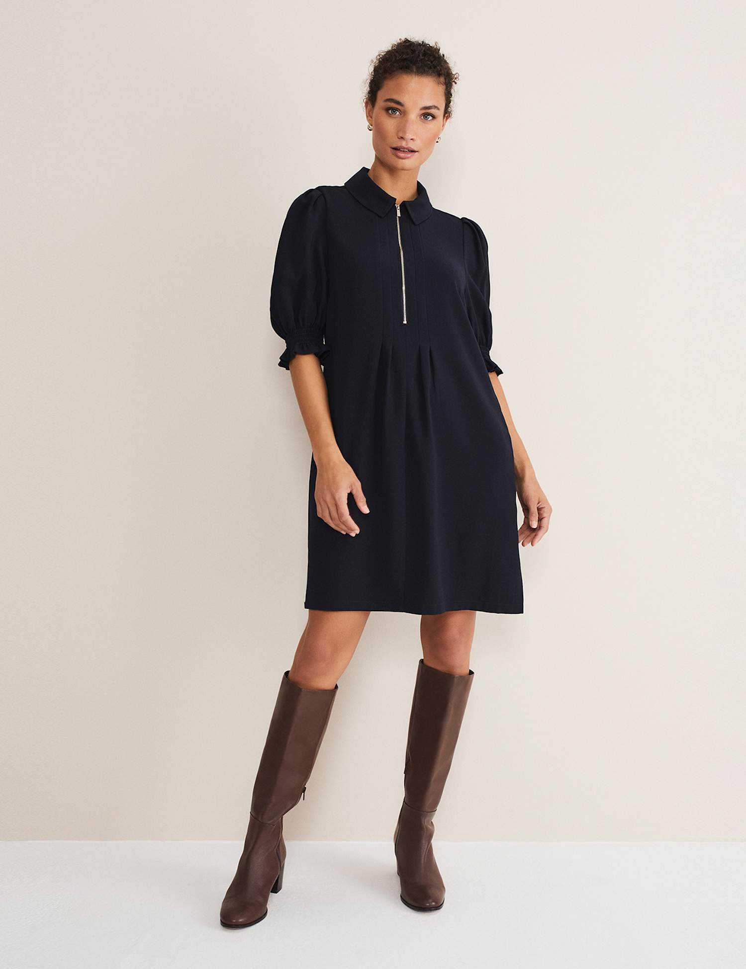 Phase Eight Zip Neck Mini Smock Dress Navy
