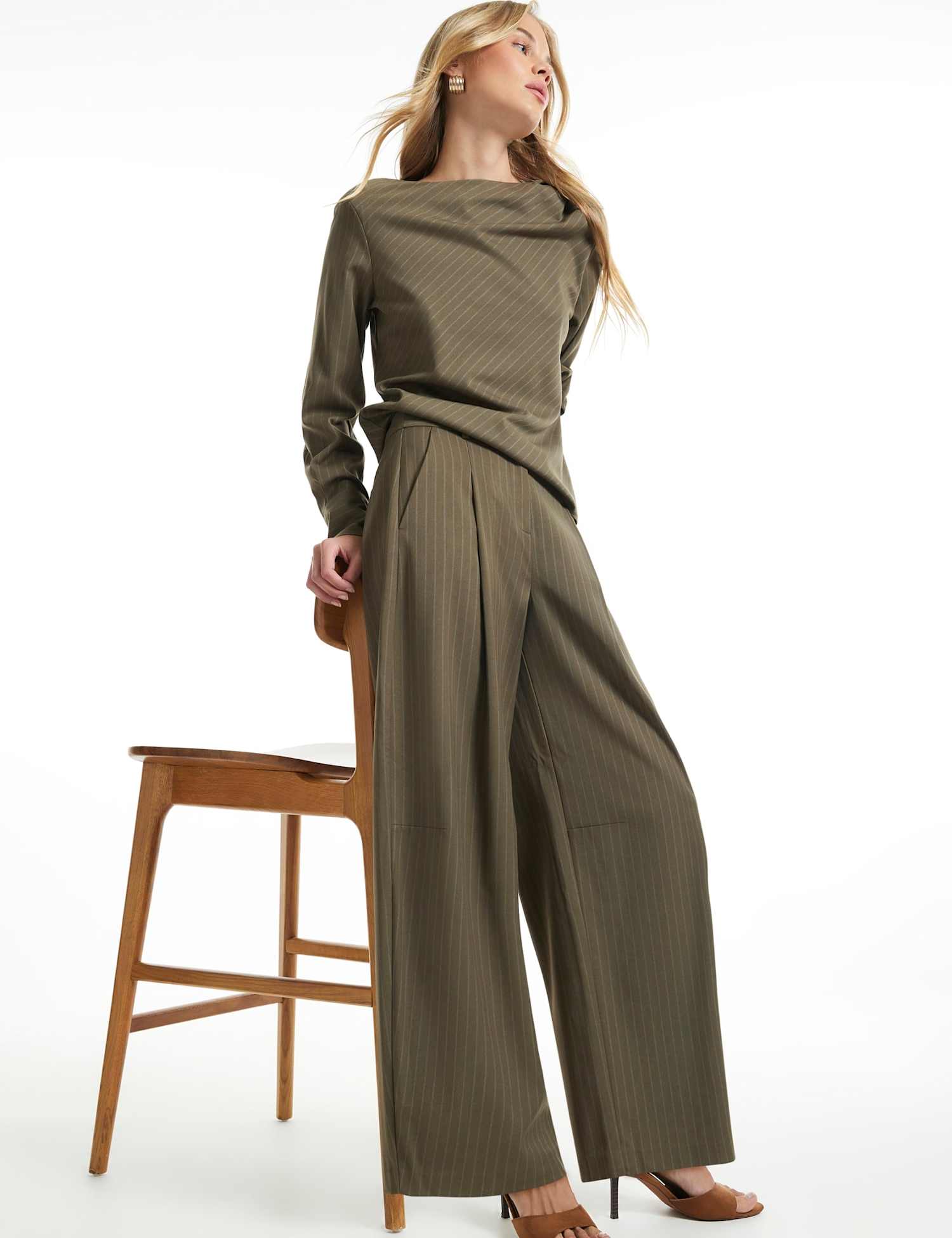 River Island Pinstripe Pleat Front Straight Leg Trousers Khaki Mix