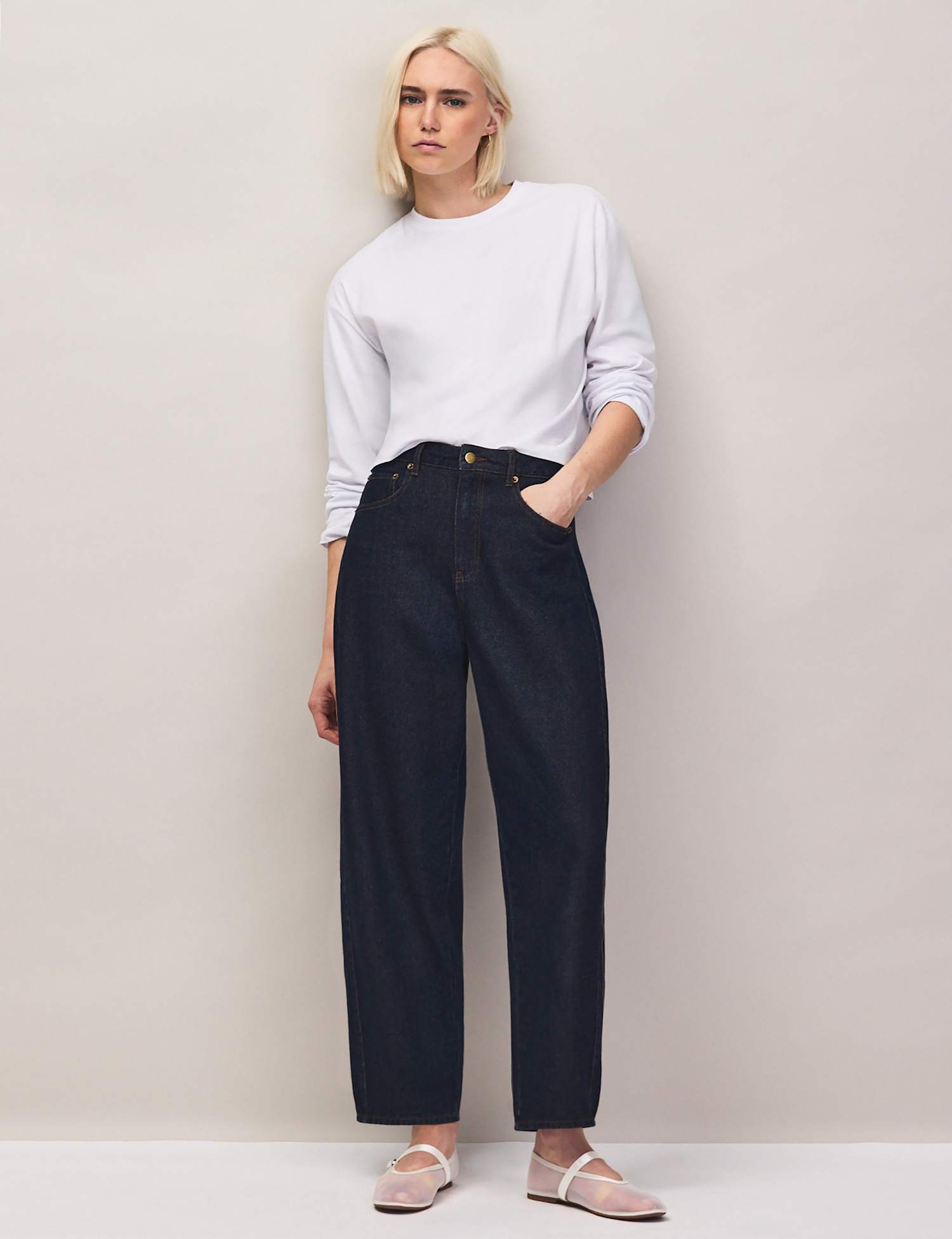 RO&ZO Mid Rise Barrel Leg Ankle Grazer Jeans Blue Denim