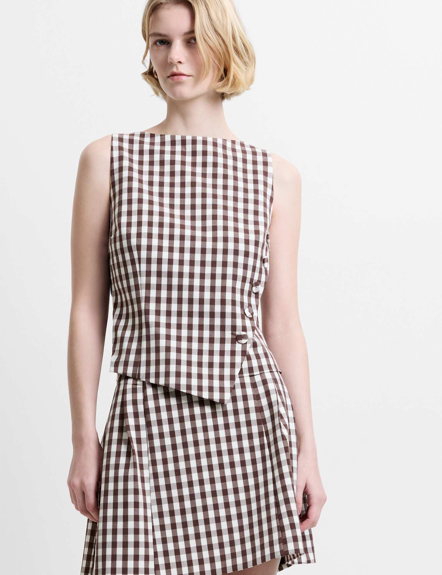 French Connection Gingham Button Detail Top Brown Mix