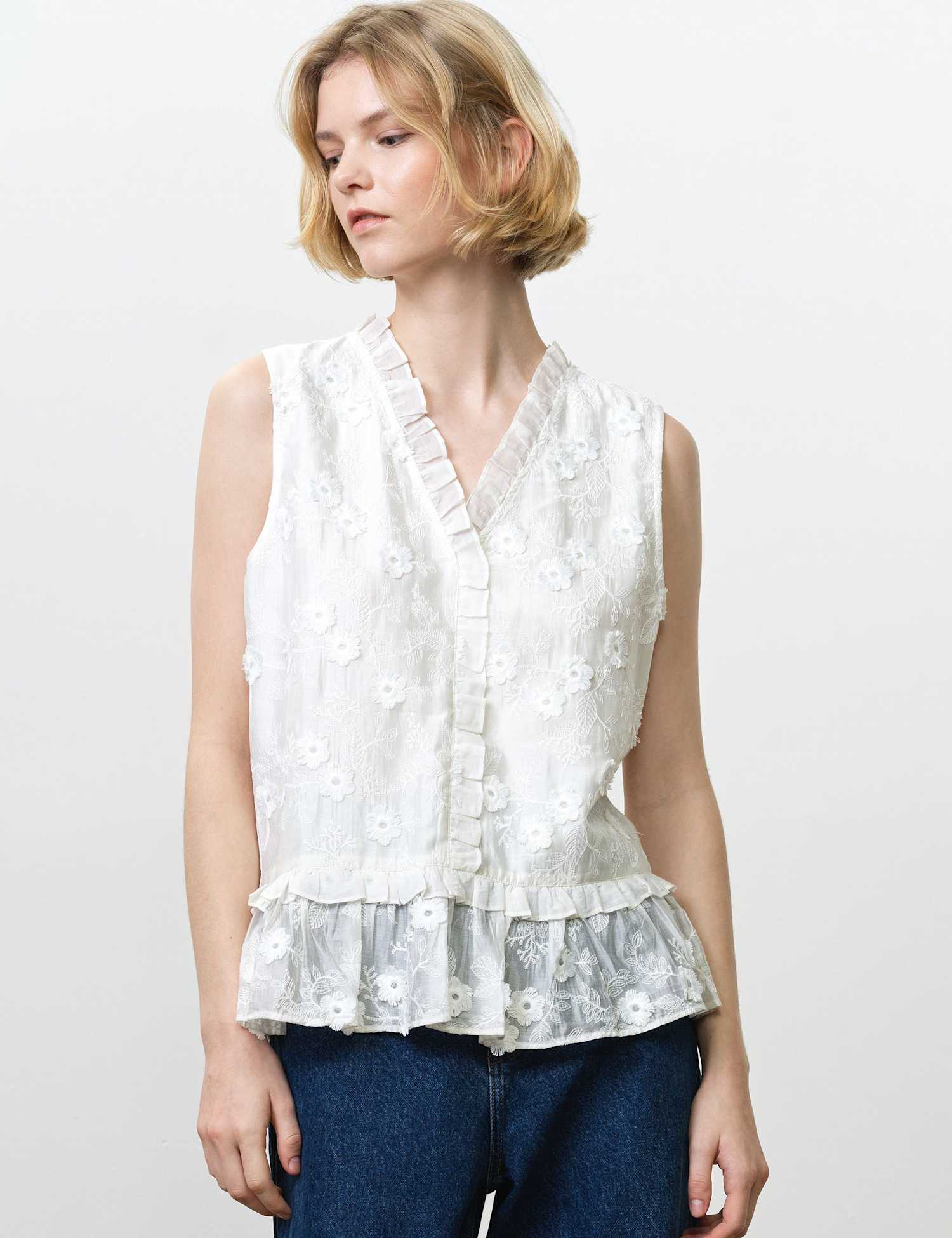 French Connection Pure Cotton Embroidered V-Neck Peplum Top White