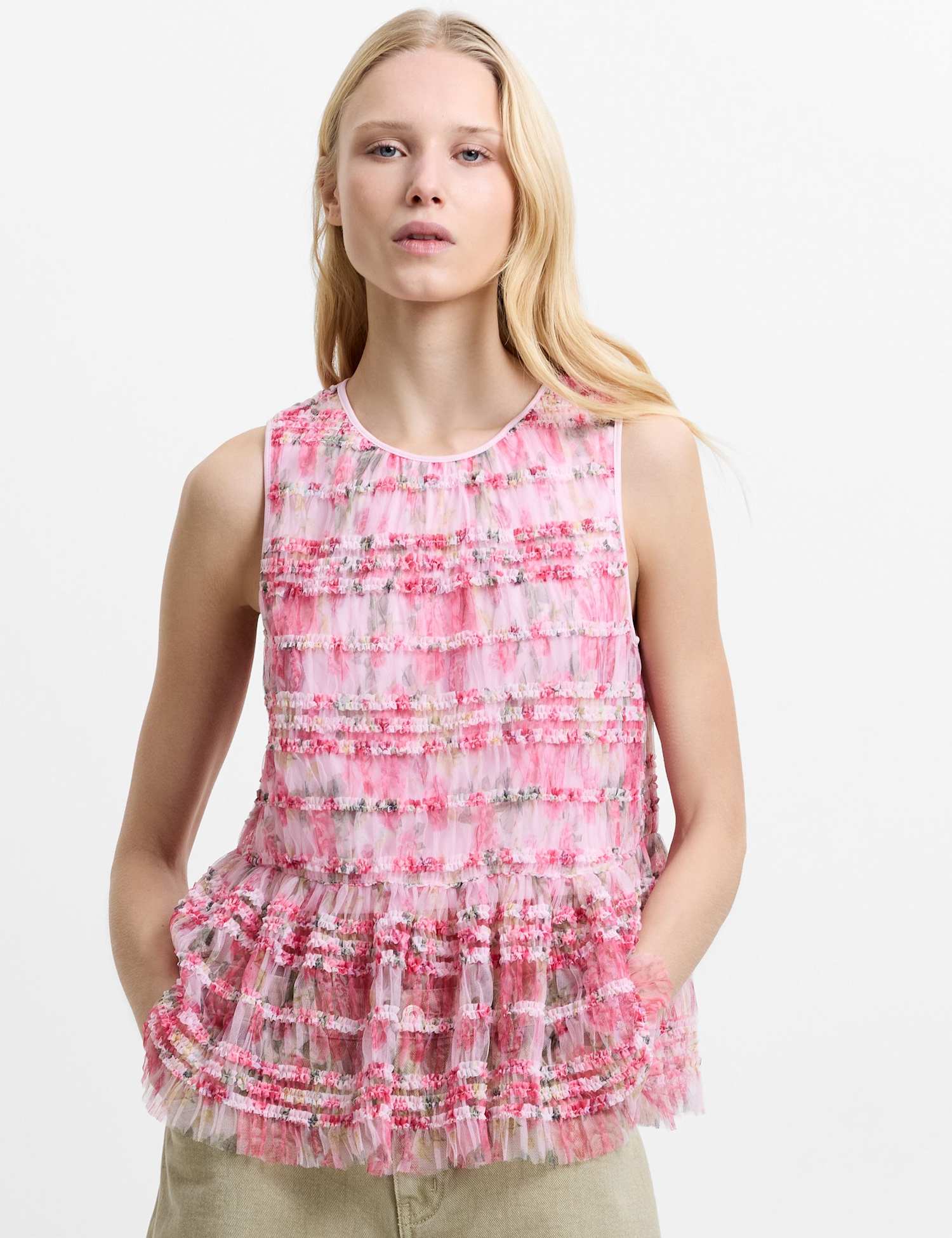 French Connection Mesh Floral Frill Detail Top Pink Mix