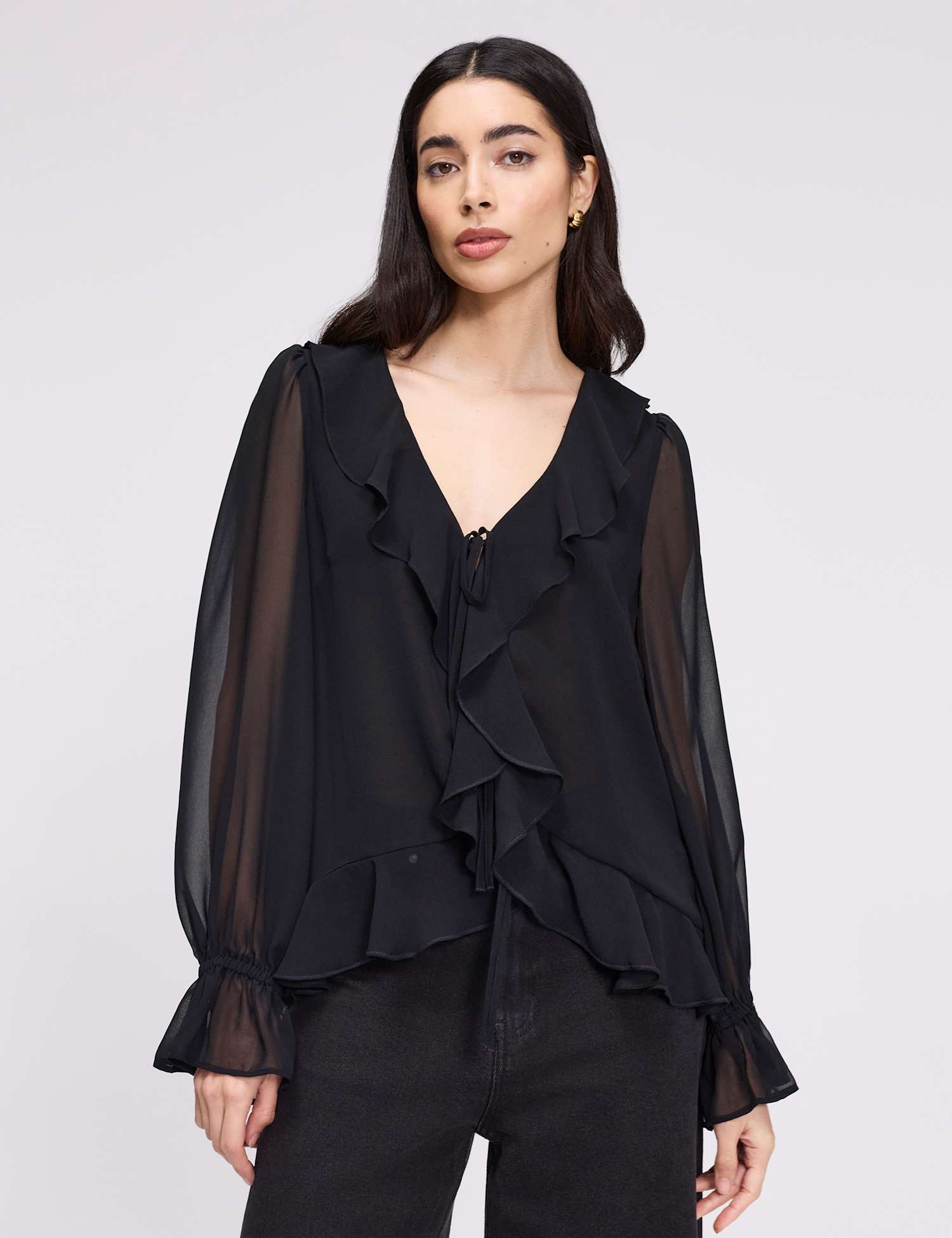 Finery London Chiffon V-Neck Ruffle Tie Front Blouse Black