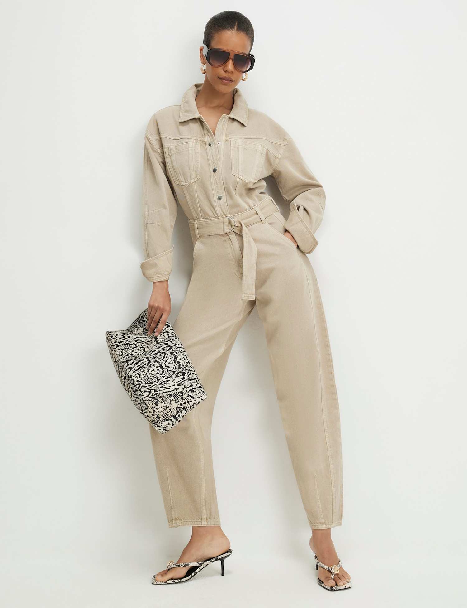 River Island Denim Belted Jumpsuit Beige