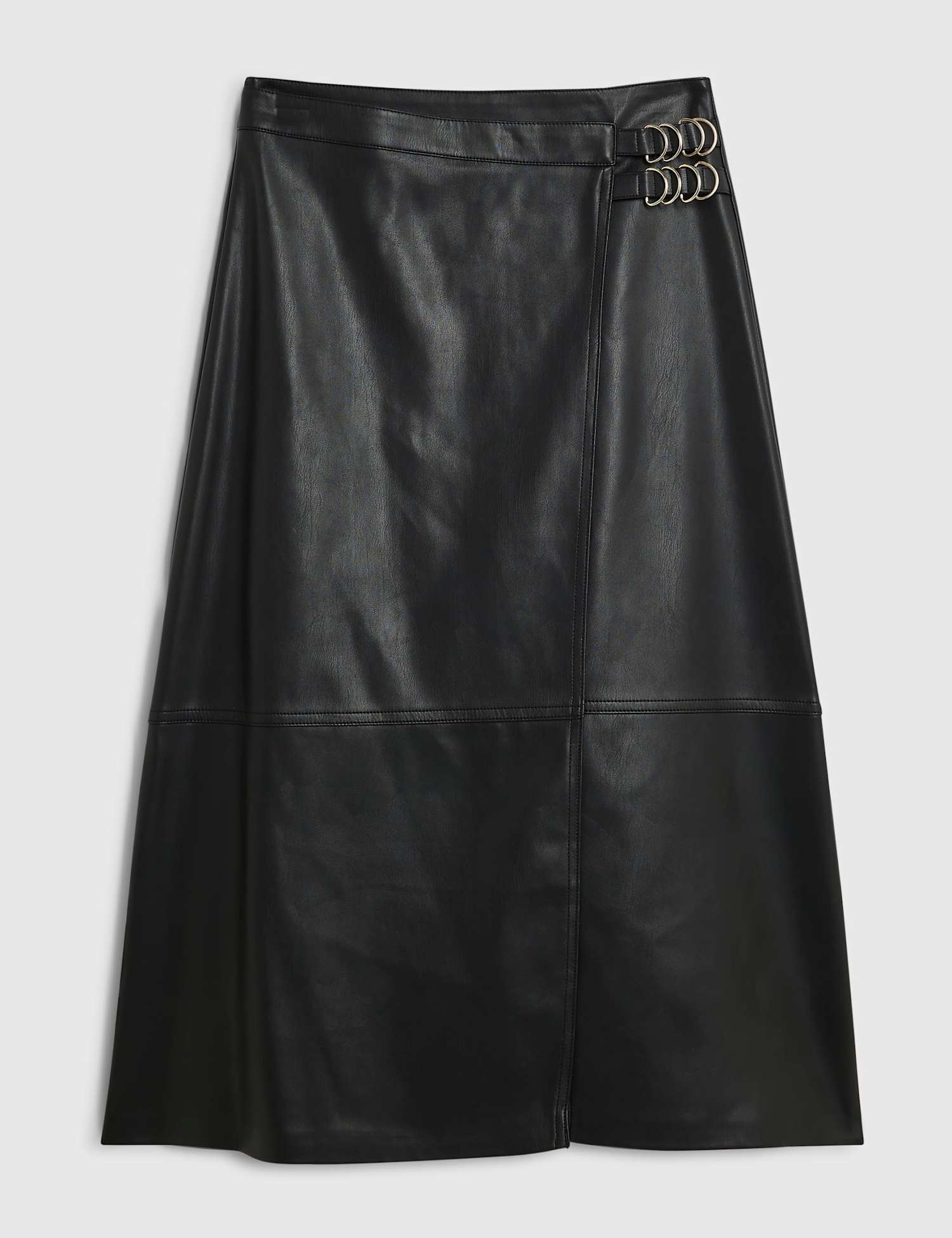 River Island Petite Leather Look Buckle Detail Midi Wrap Skirt Black