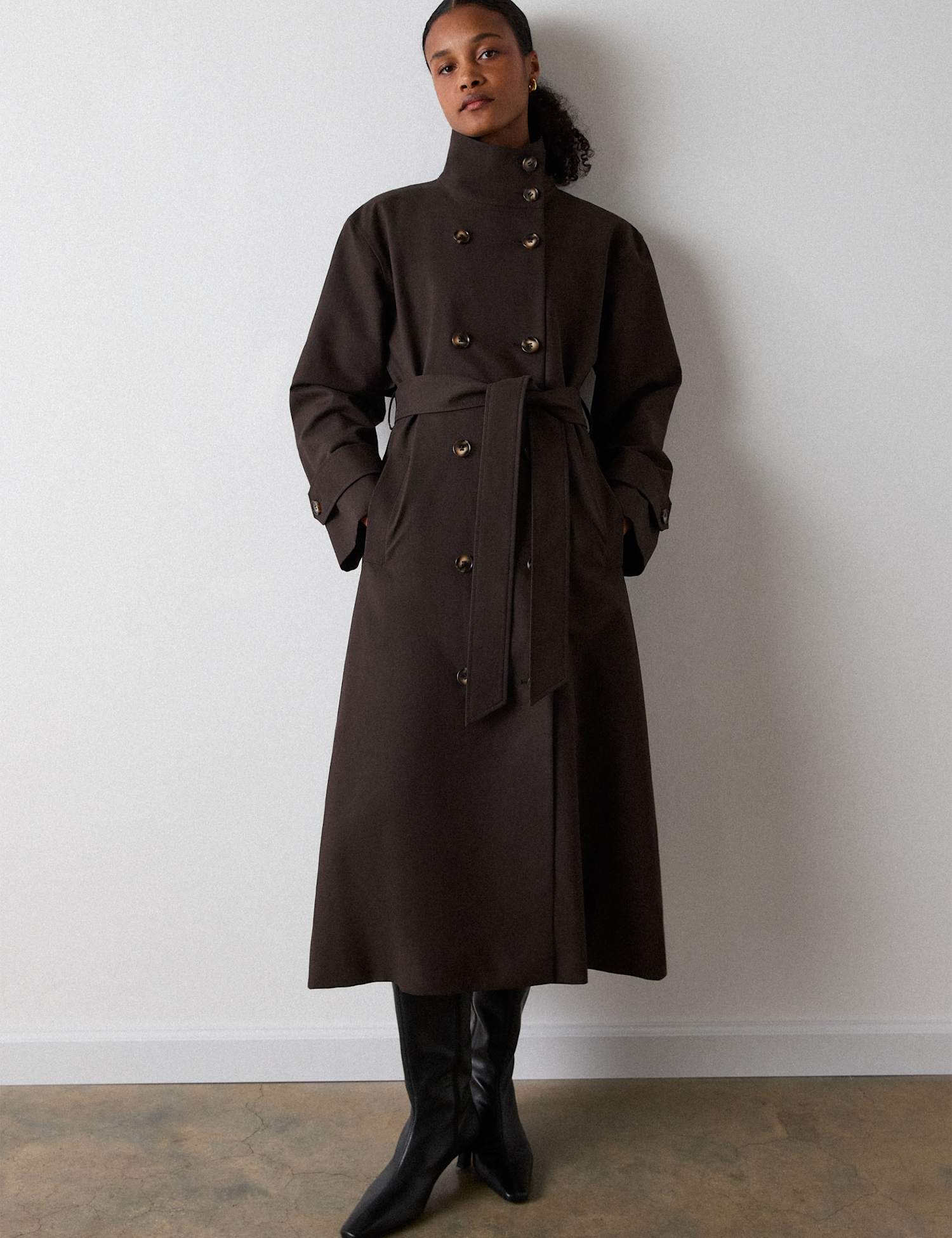 Whistles Pure Cotton Funnel Neck Longline Trench Coat Dark Brown