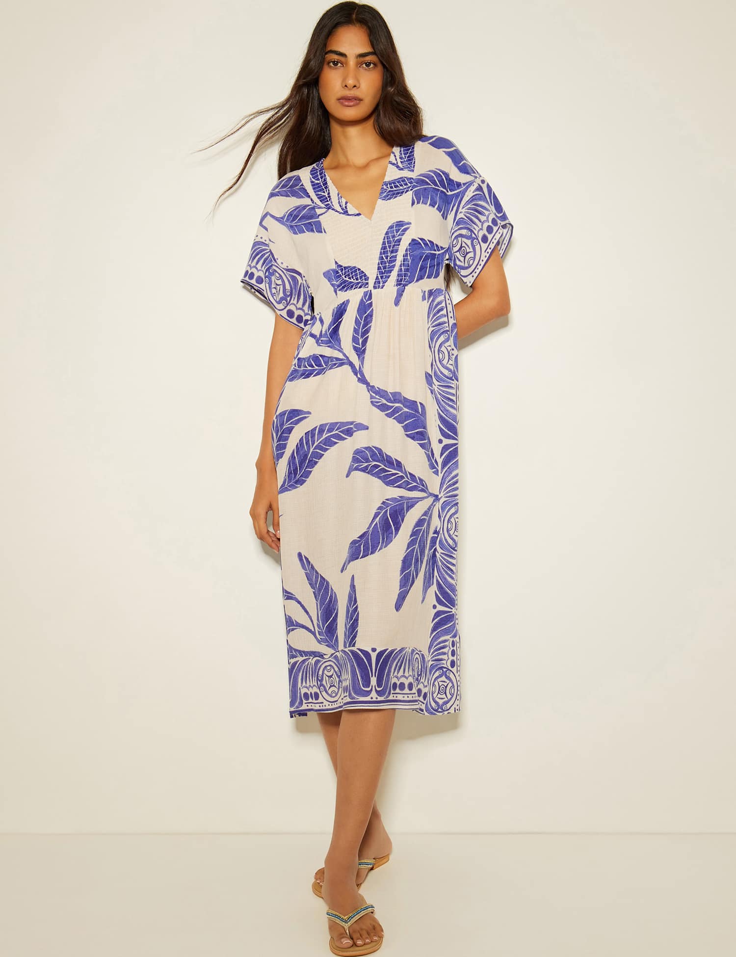 Monsoon Printed V-Neck Midi Shirred Beach Dress White Mix