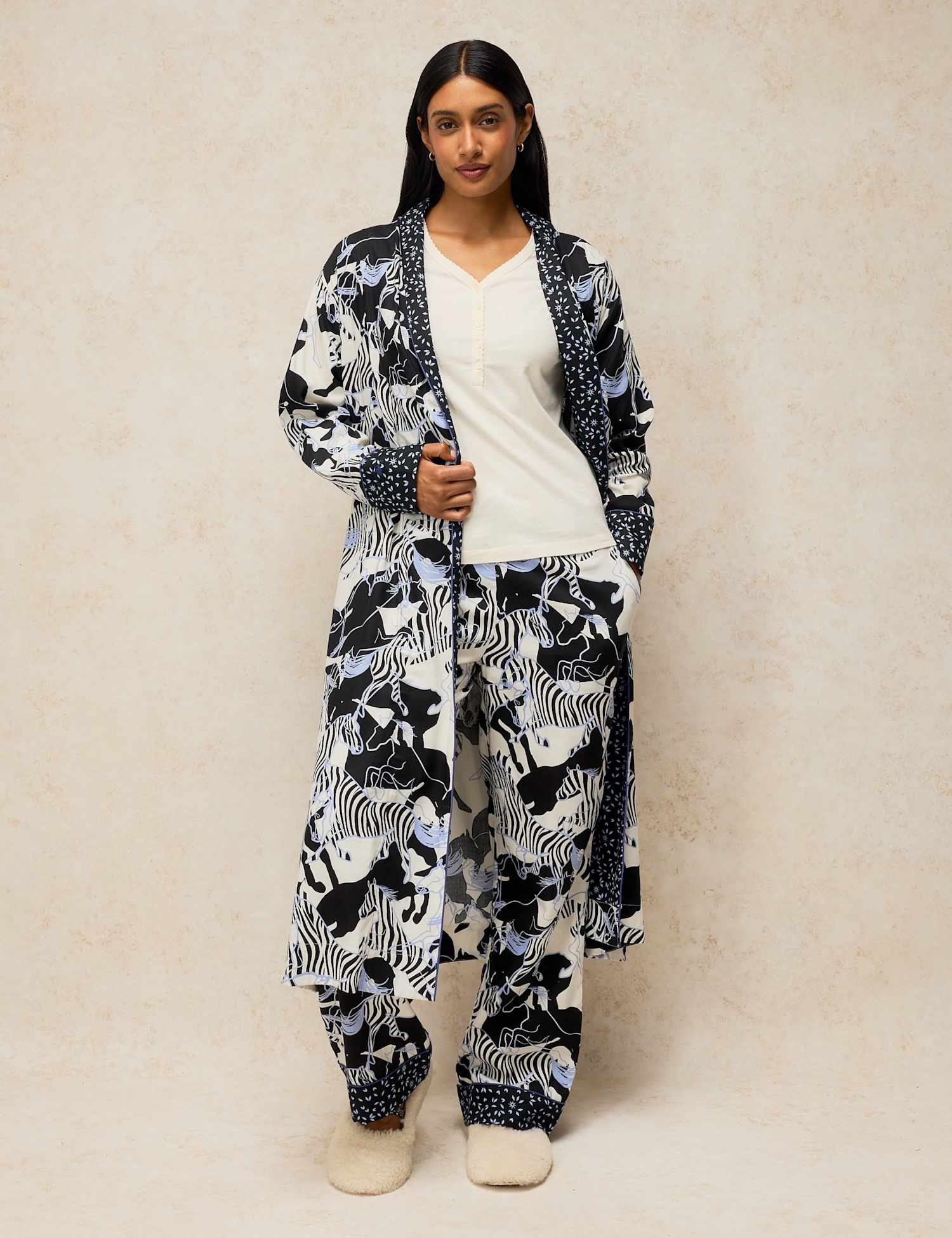 White Stuff Cotton Rich Printed Dressing Gown Ivory Mix