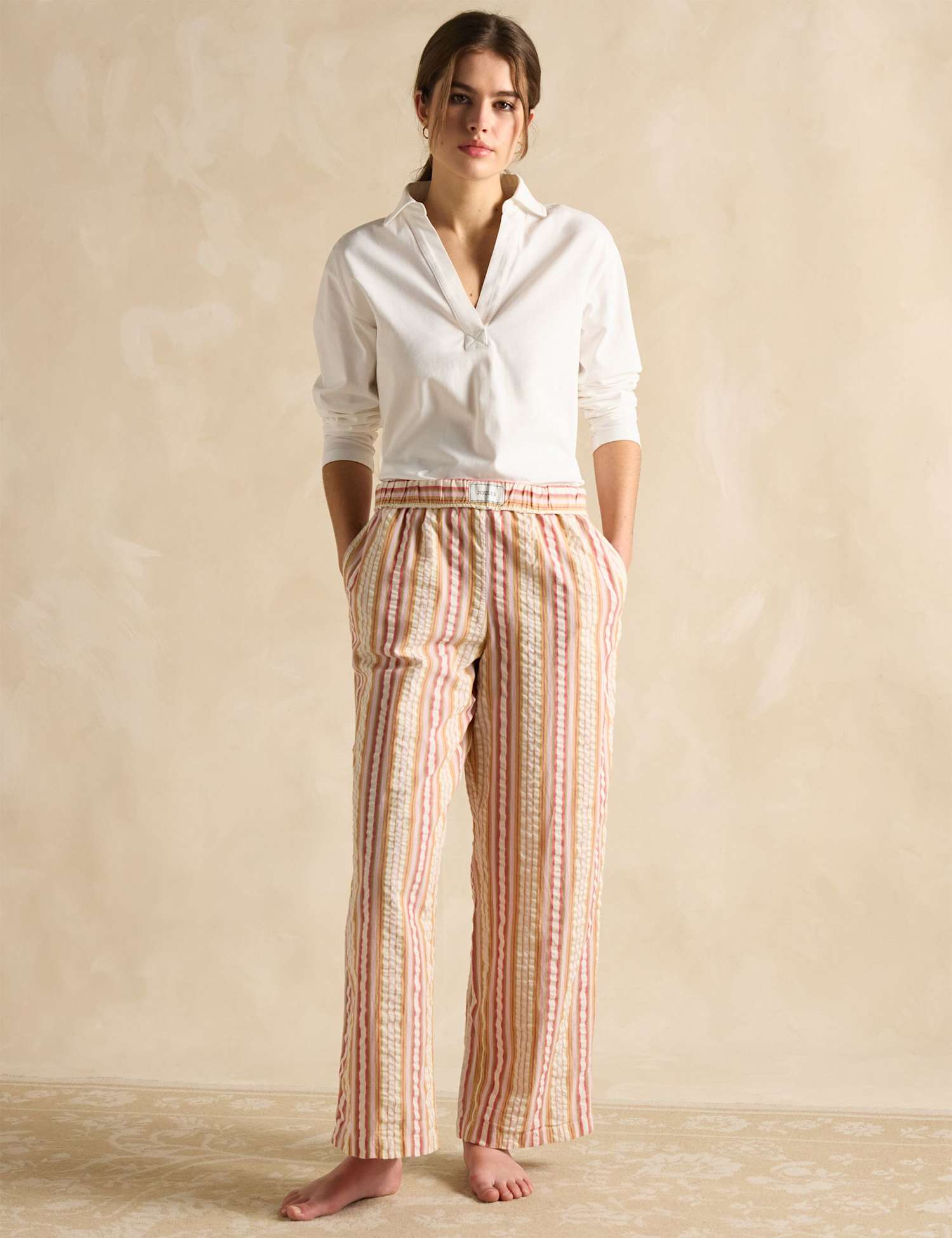 Joules Pure Cotton Striped Elasticated Waist Trousers Orange Mix