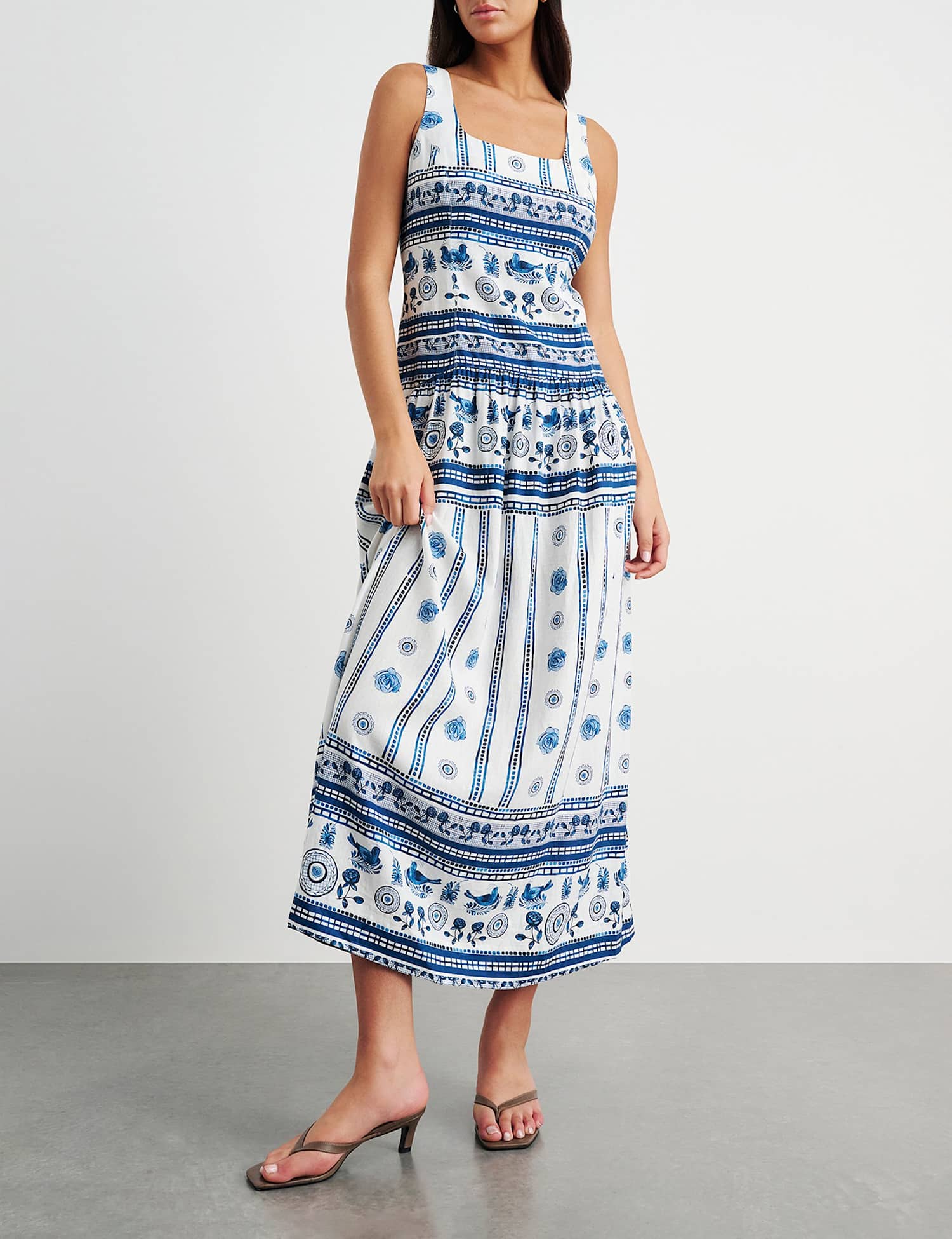 Jag Linen Rich Lovebird Print Maxi Dress Ivory Mix