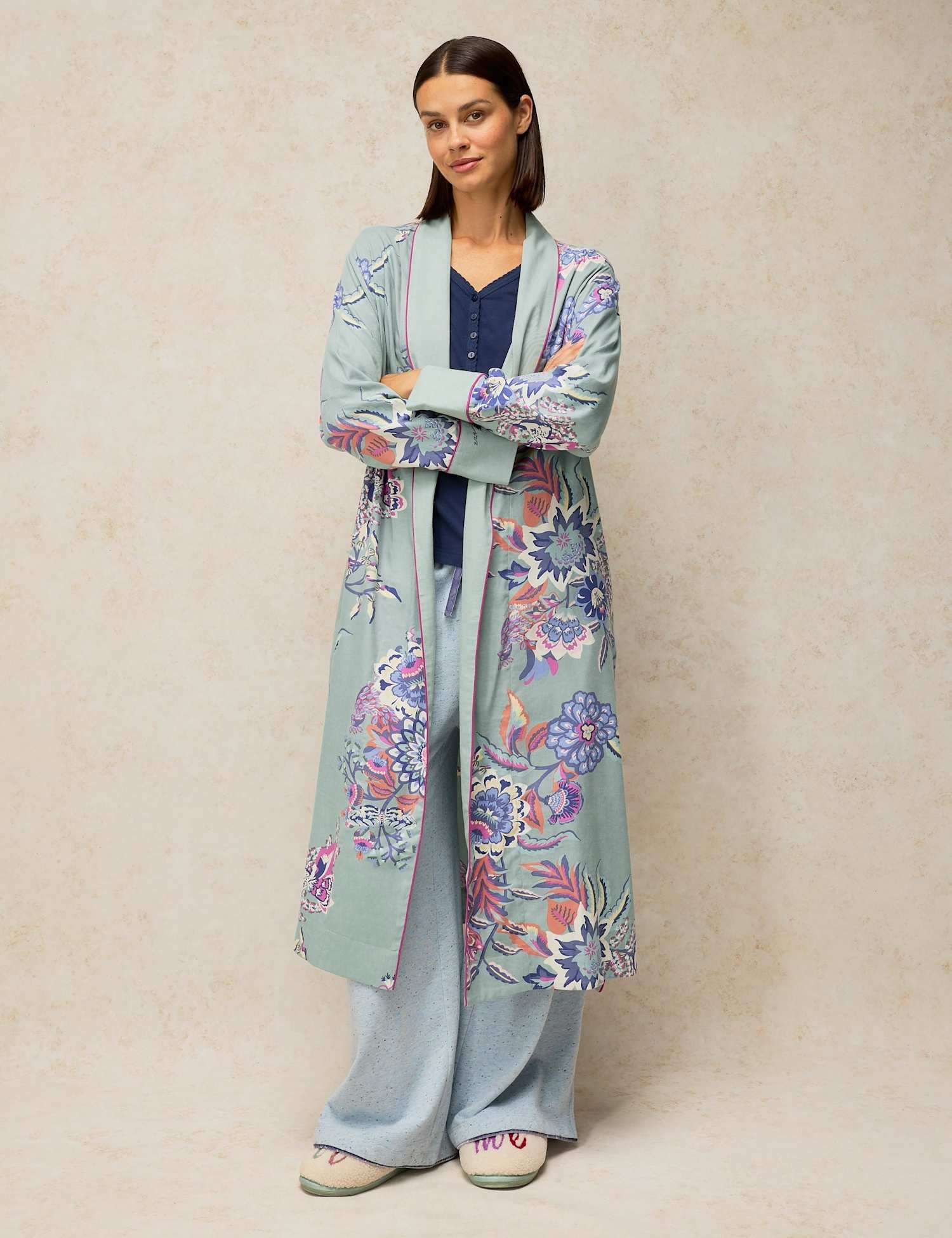 White Stuff Cotton Rich Printed Dressing Gown Blue Mix