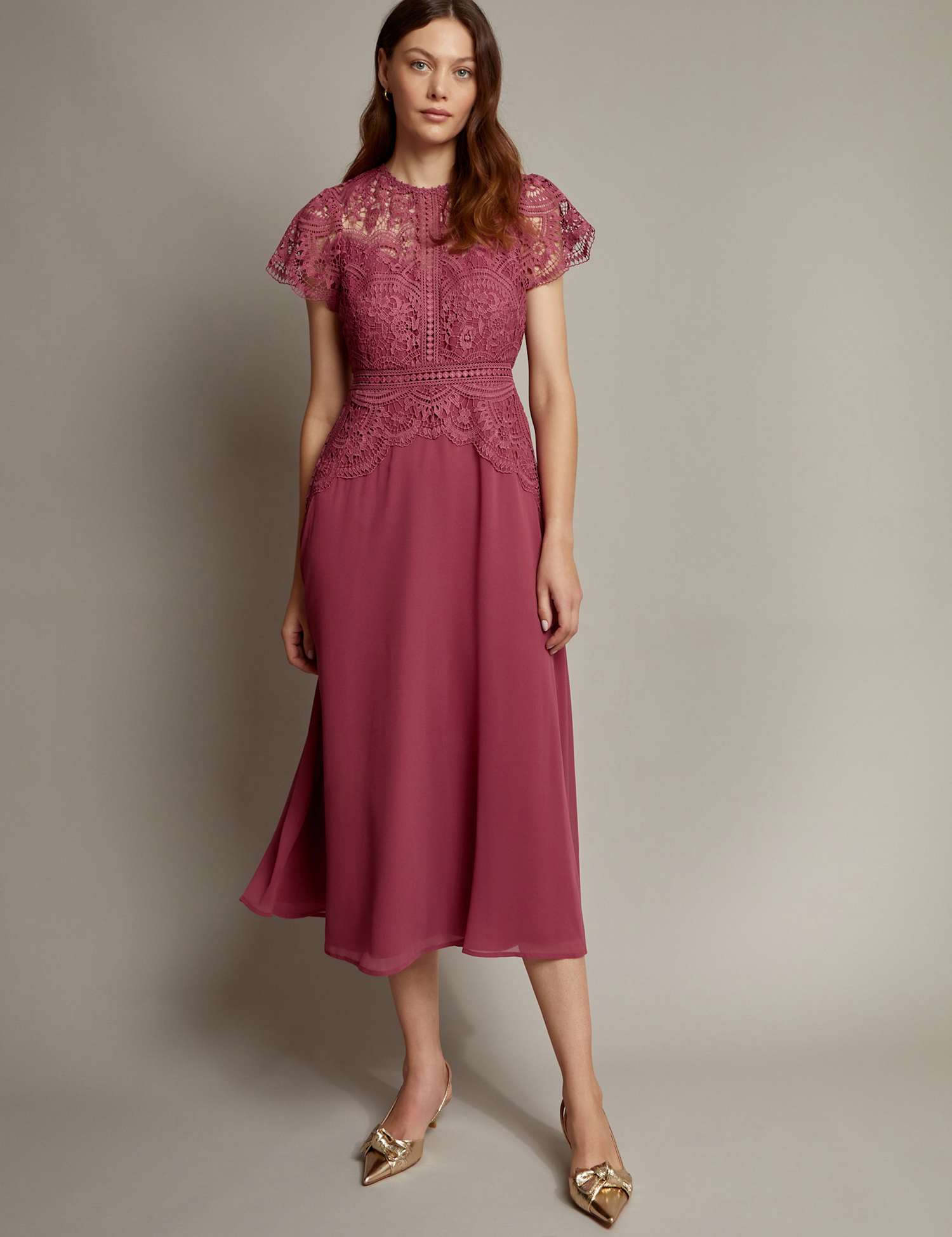 Monsoon Lace Midi Skater Dress Dark Pink