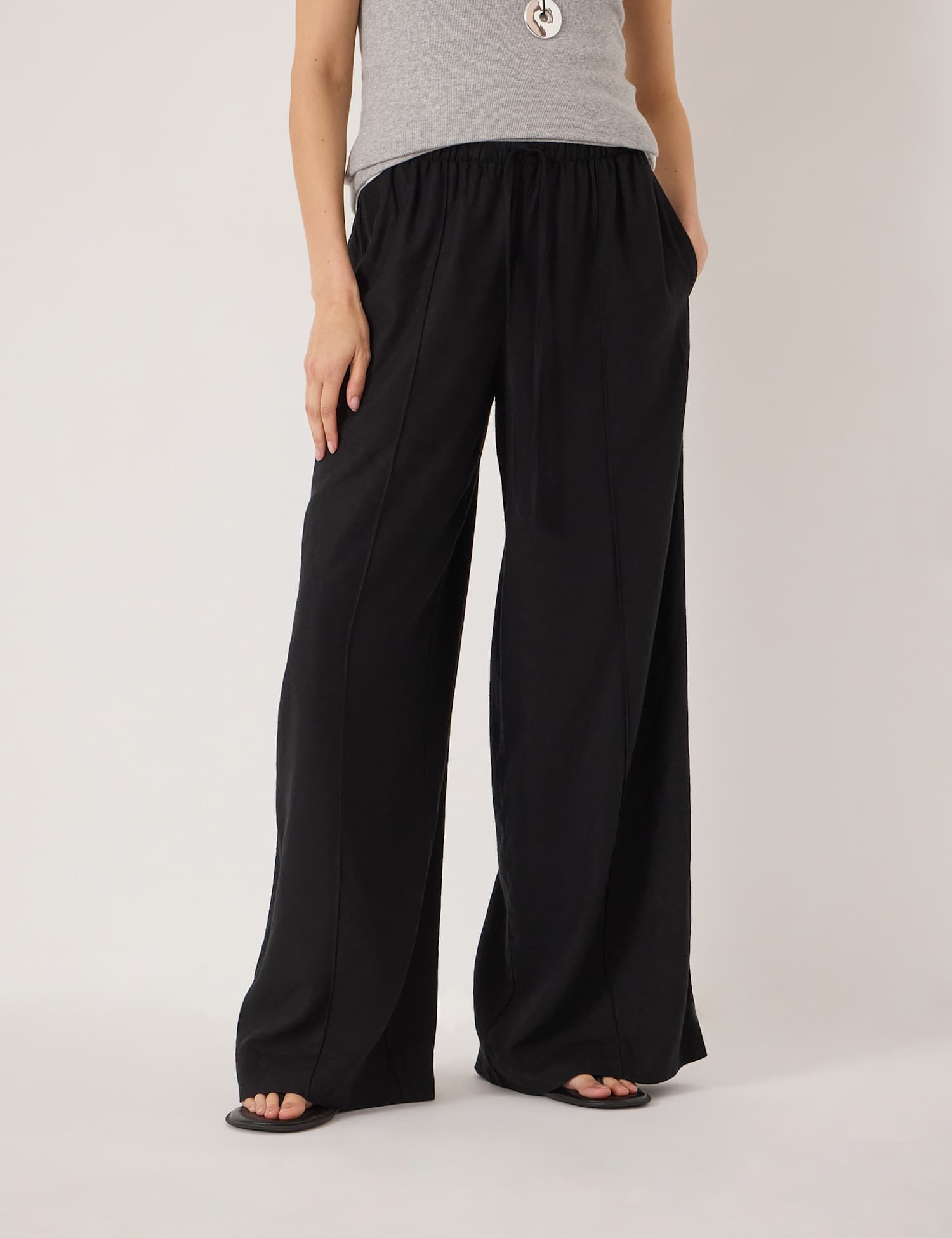 HUSH Linen Blend Wide Leg Trousers Black