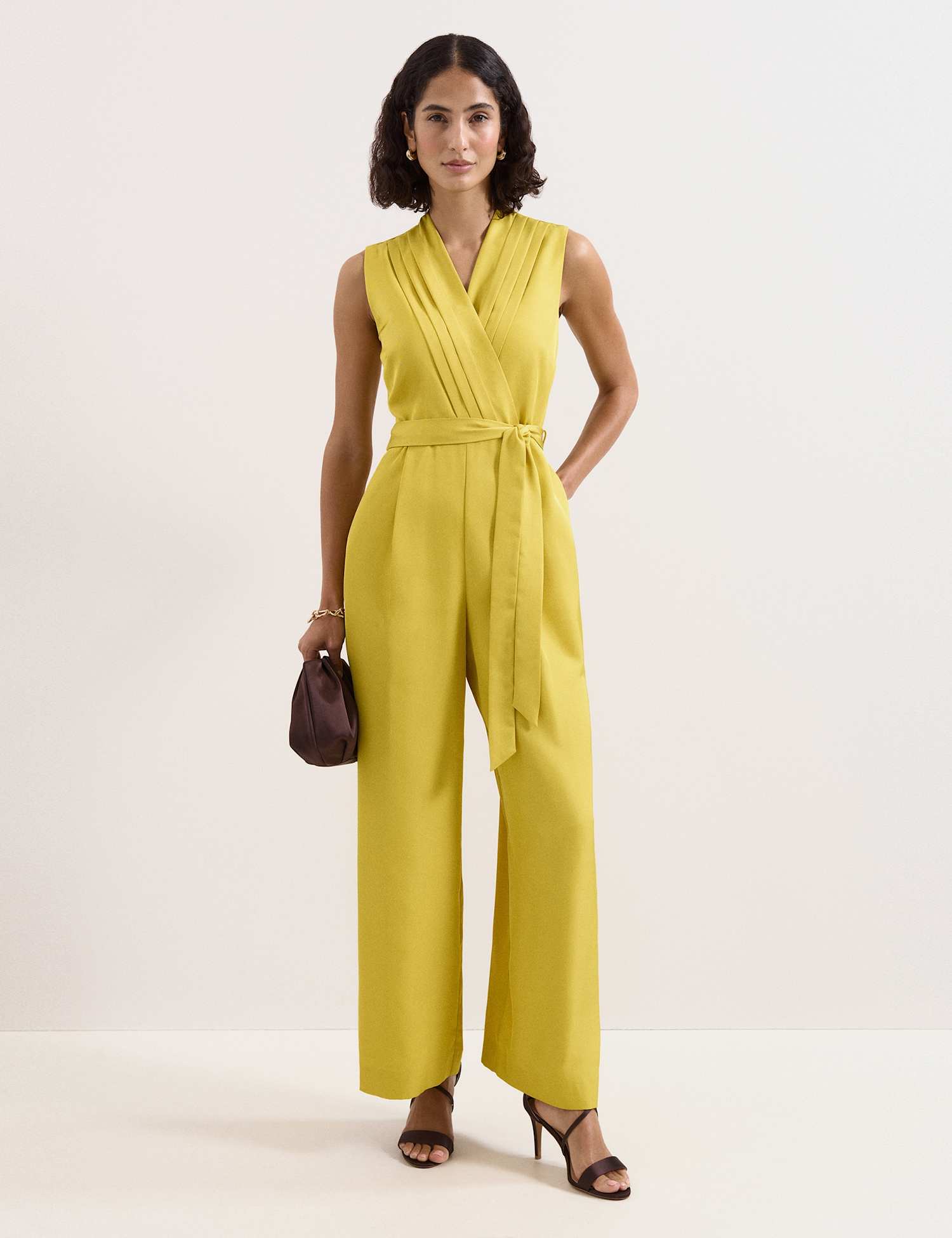 Phase Eight Satin Belted Sleeveless Wide Leg Jumpsuit Yellow