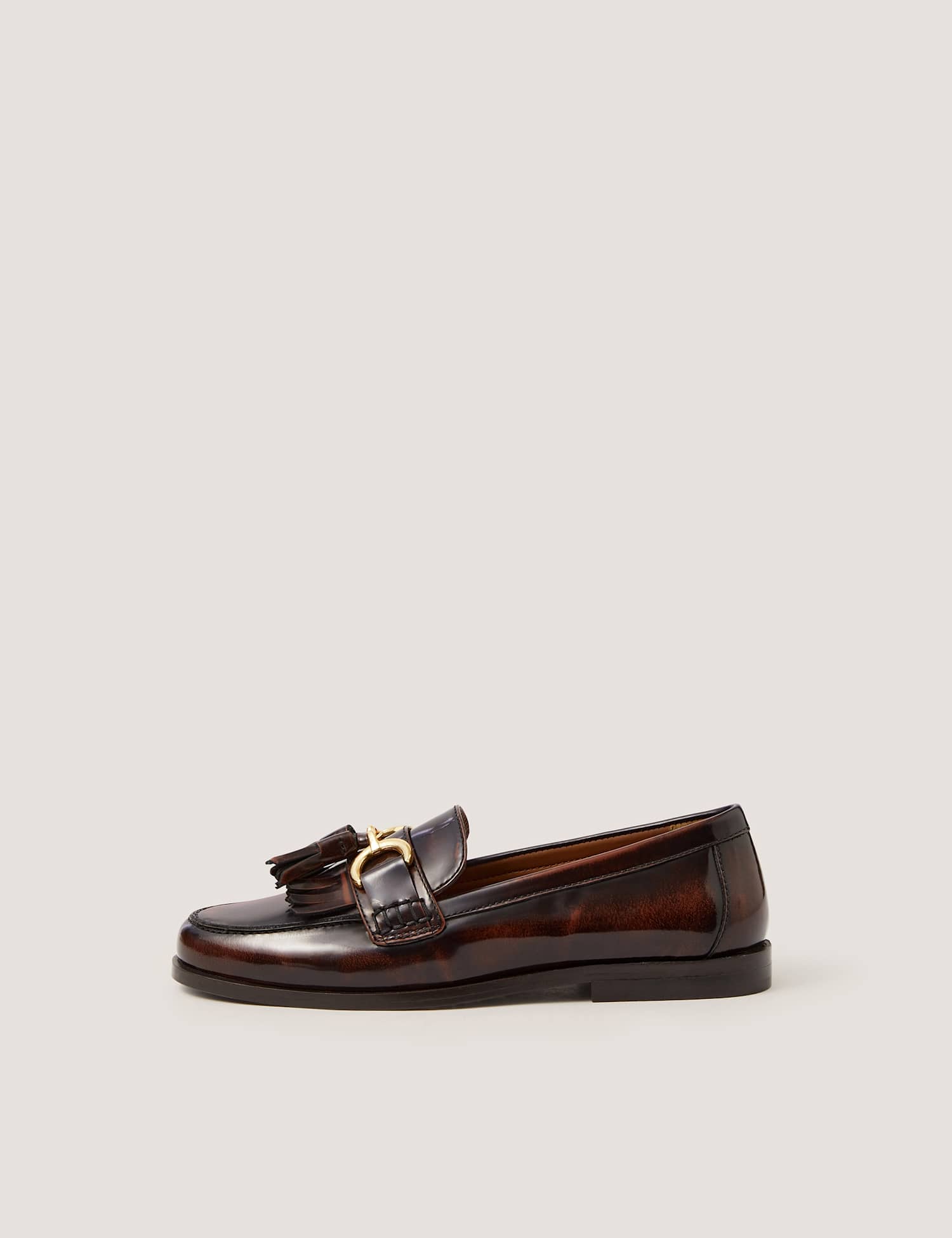 Monsoon Leather Patent Fringe Flat Loafers Brown