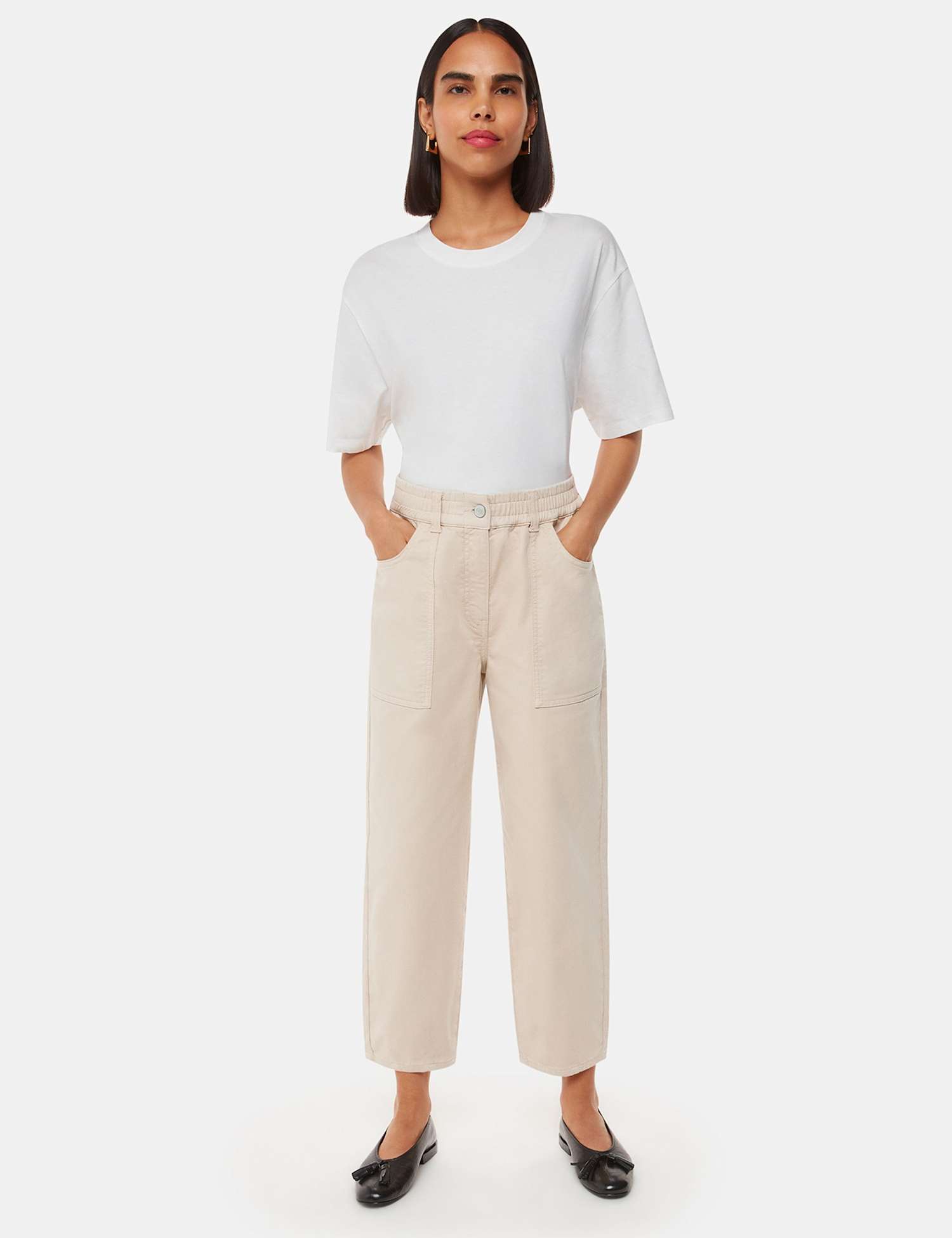 Whistles Tessa Cotton Rich Straight Leg Trousers Neutral