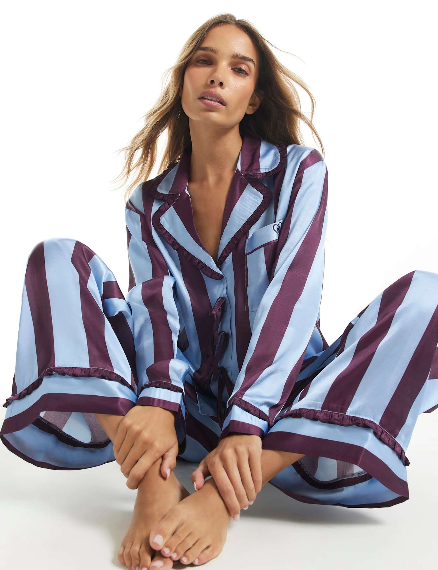 River Island Satin Striped Pyjama Set Blue Mix