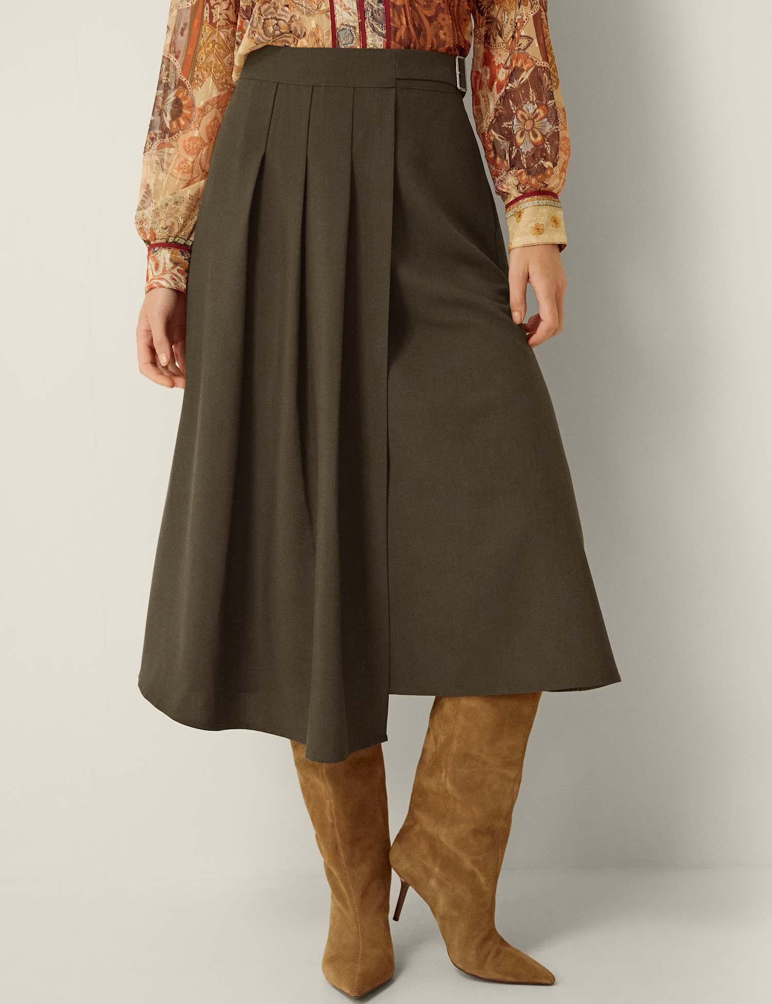 Monsoon Box Pleat Midi Kilt Skirt Khaki