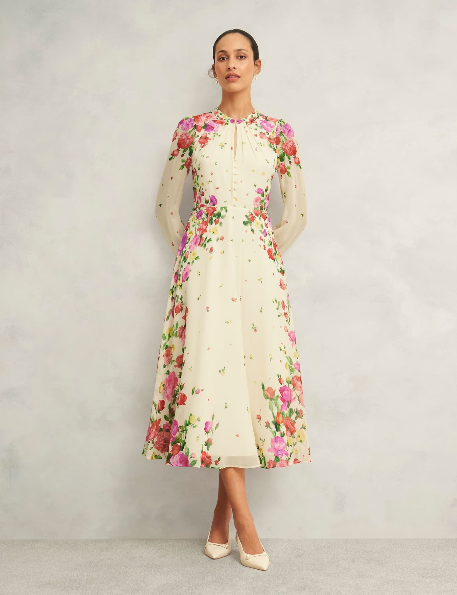 HOBBS Pure Silk Floral Midaxi Skater Dress Multi