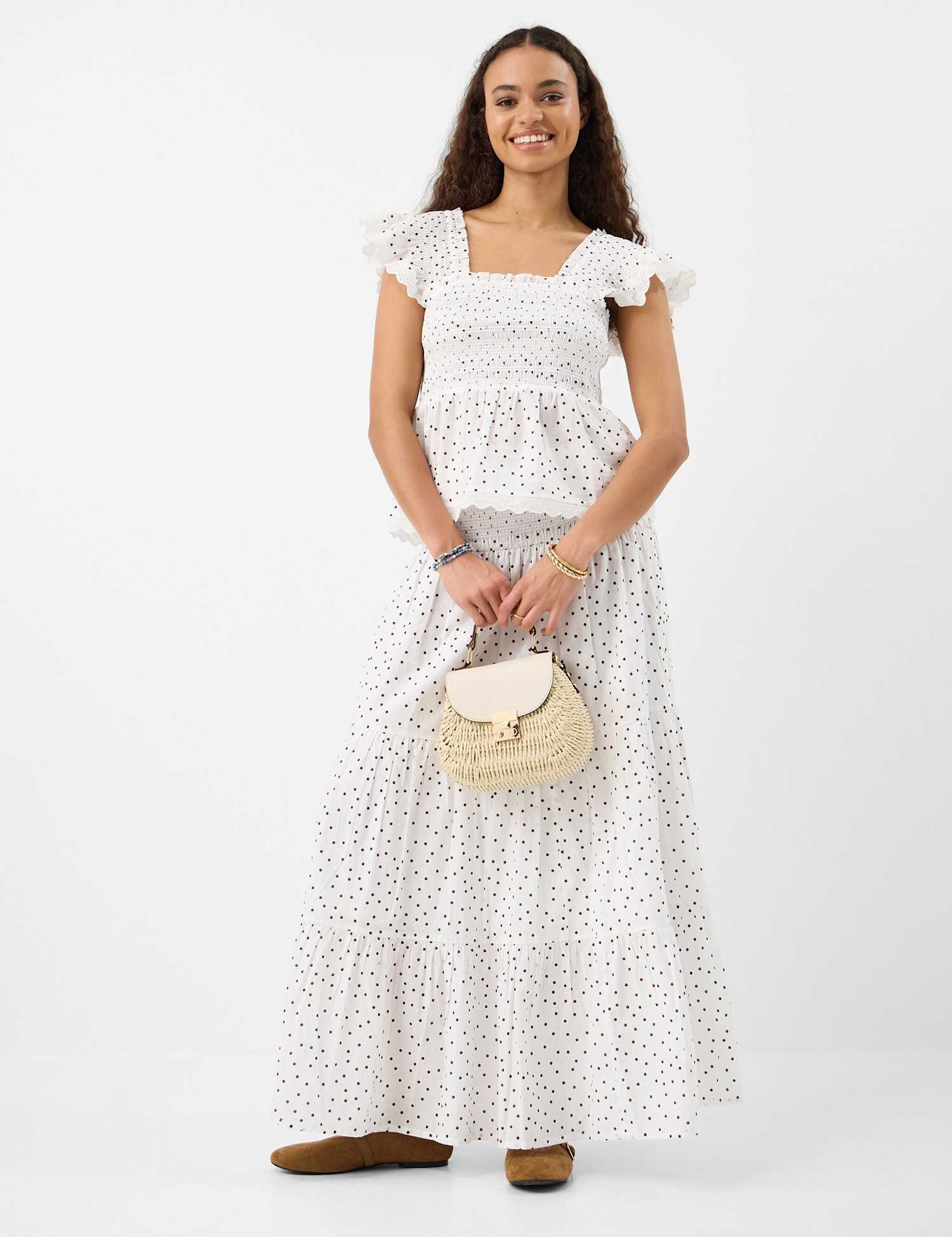 ACCESSORIZE Pure Cotton Frill Shoulder Polka Dot Top White Mix