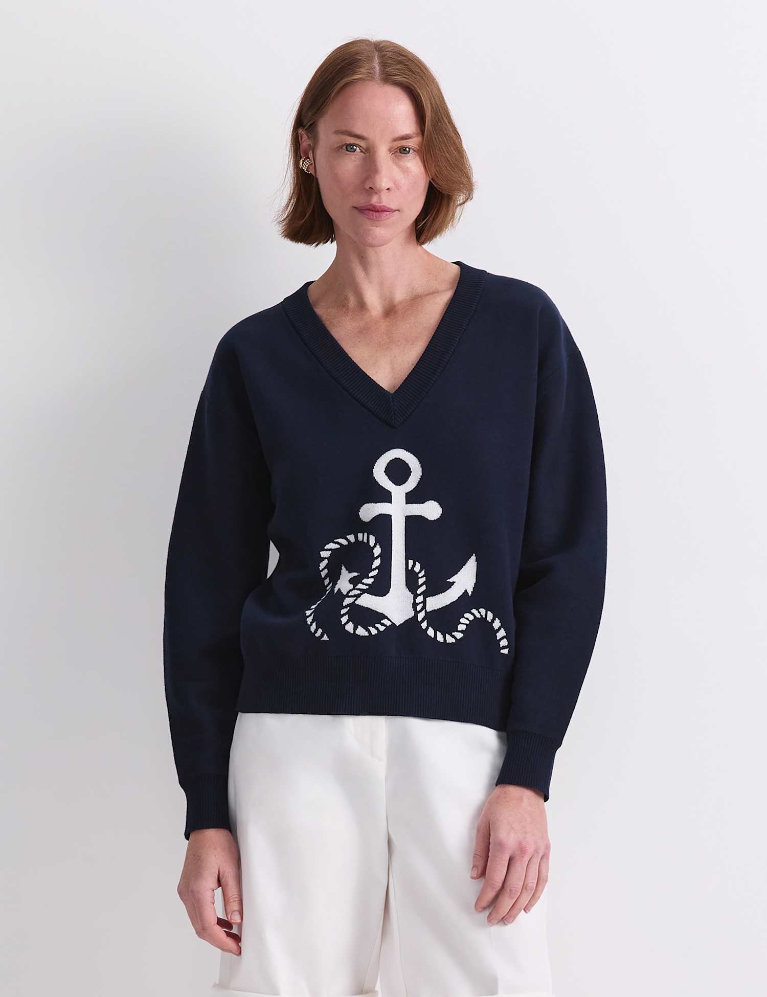 Sportscraft Cotton Rich Anchor Jacquard V-Neck Jumper Navy