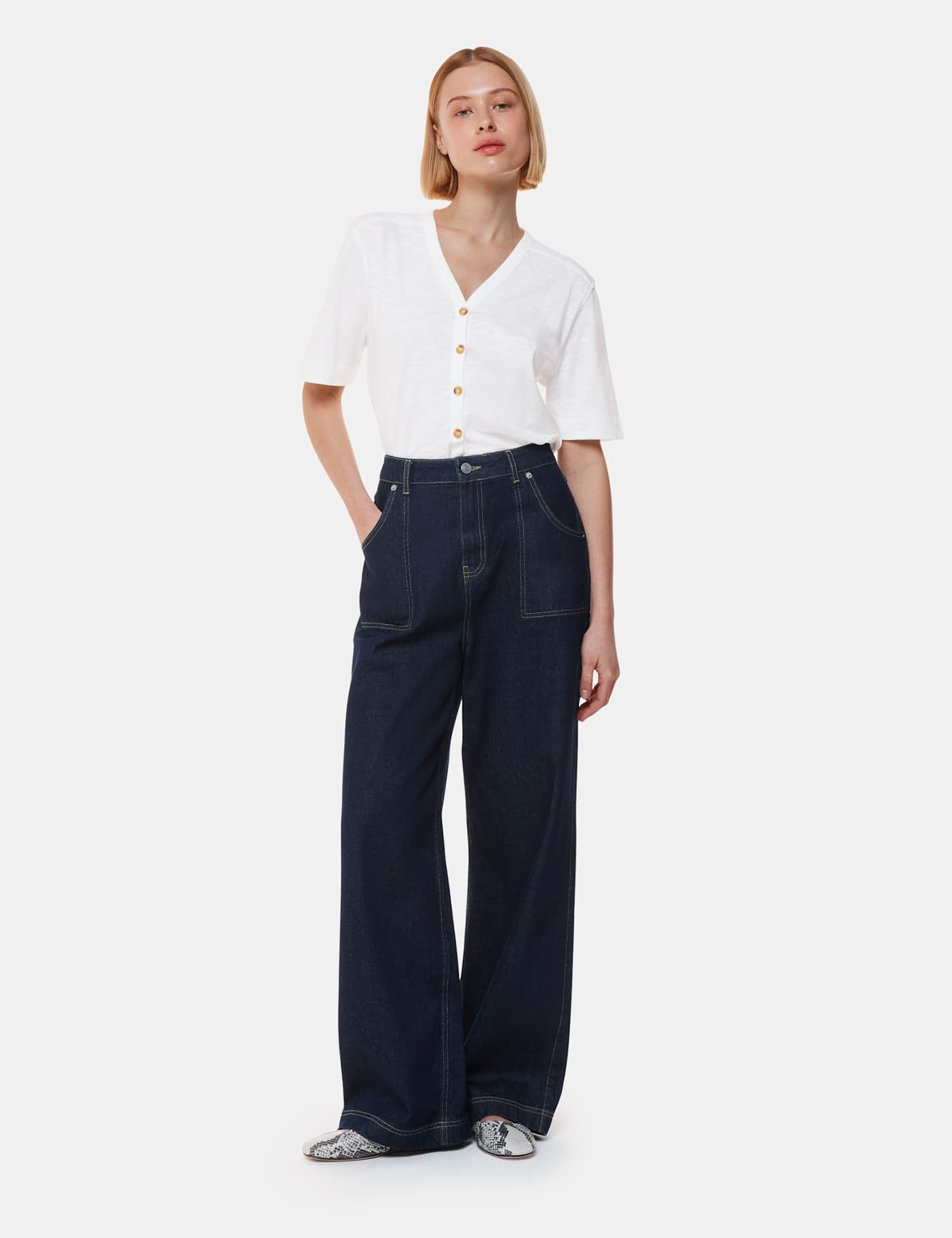 Whistles Ella Pure Cotton V-Neck Button Through T-Shirt White