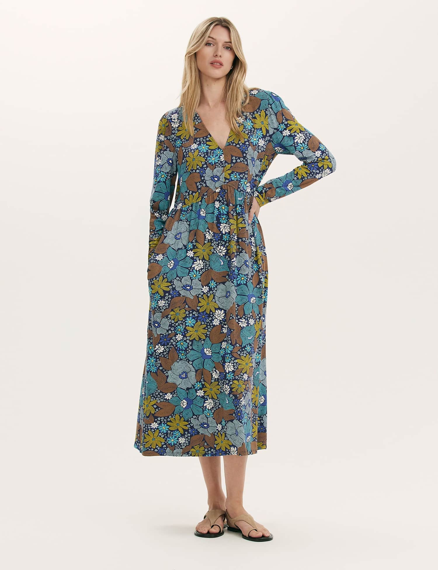 Finery London Jersey Floral V-Neck Midi Skater Dress Blue Mix