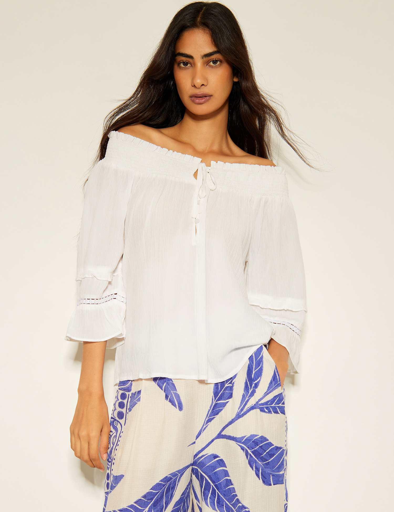 Monsoon Smocked Detail Off The Shoulder Top White