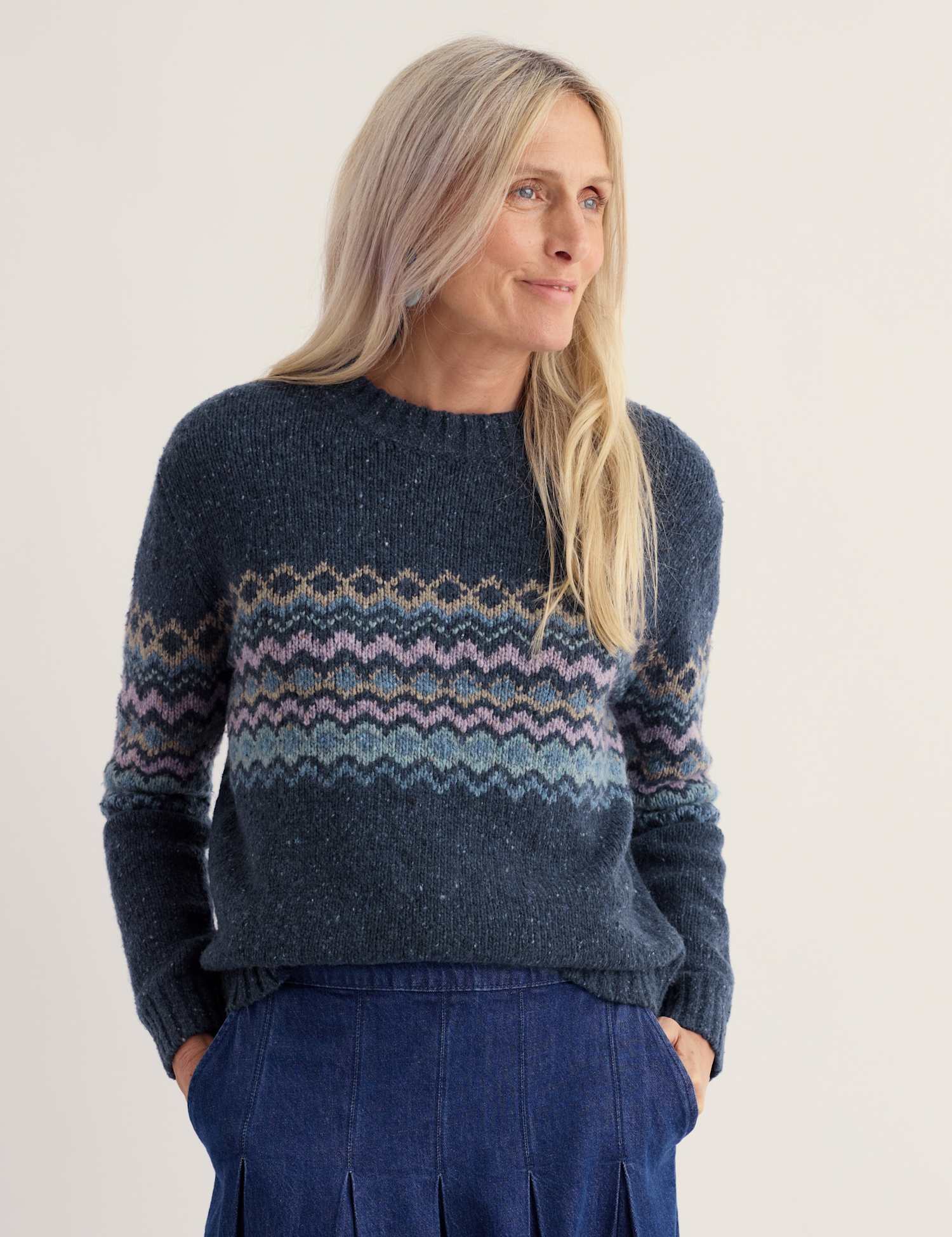 Seasalt Cornwall Merino Wool Rich Fairisle Crew Neck Relaxed Jumper Navy Mix