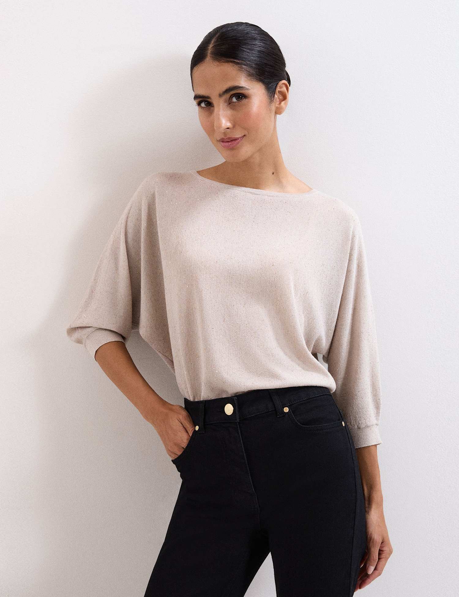 Phase Eight Sequin Slash Neck Batwing Sleeve Jumper Gold