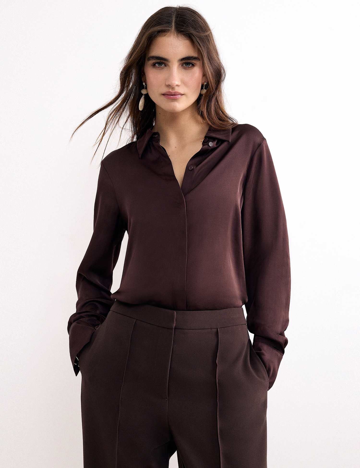 Phase Eight Satin Collared Blouson Sleeve Shirt Brown