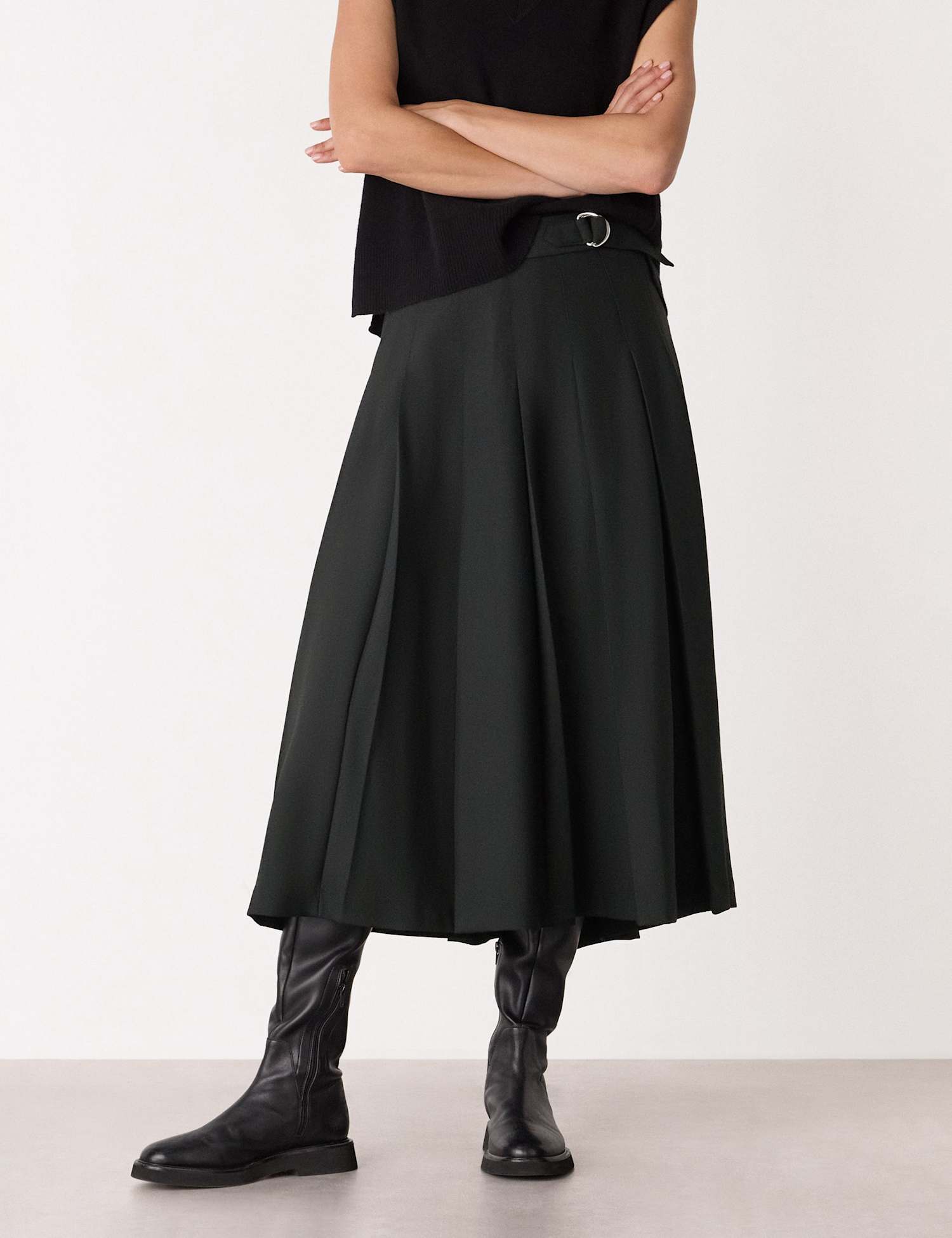 Whistles Wool Blend Pleated Midi Kilt Skirt Black