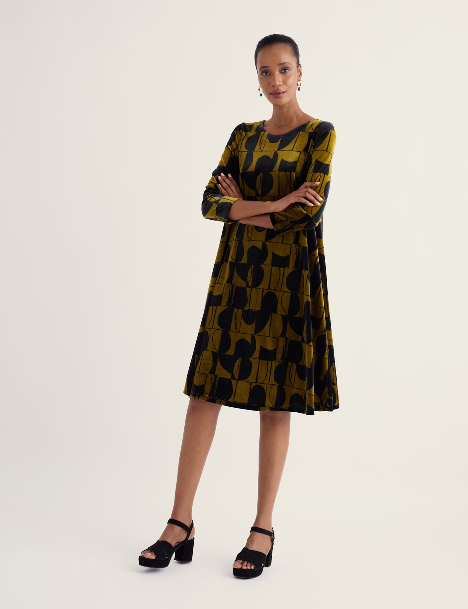 Seasalt Cornwall Velvet Geometric Knee Length Shift Dress Green Mix