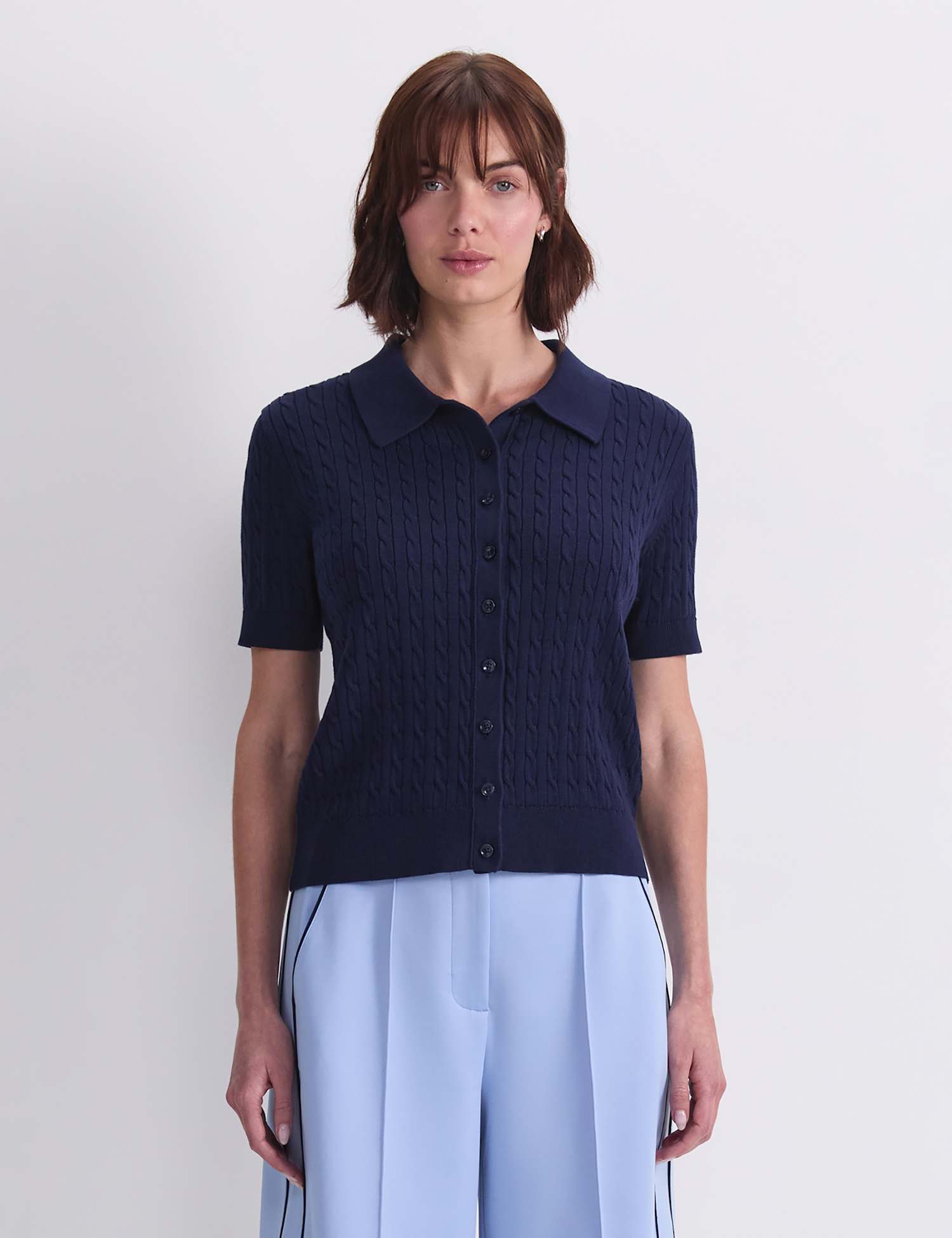 Sportscraft Pure Cotton Short Sleeve Cable Knitted Top Navy