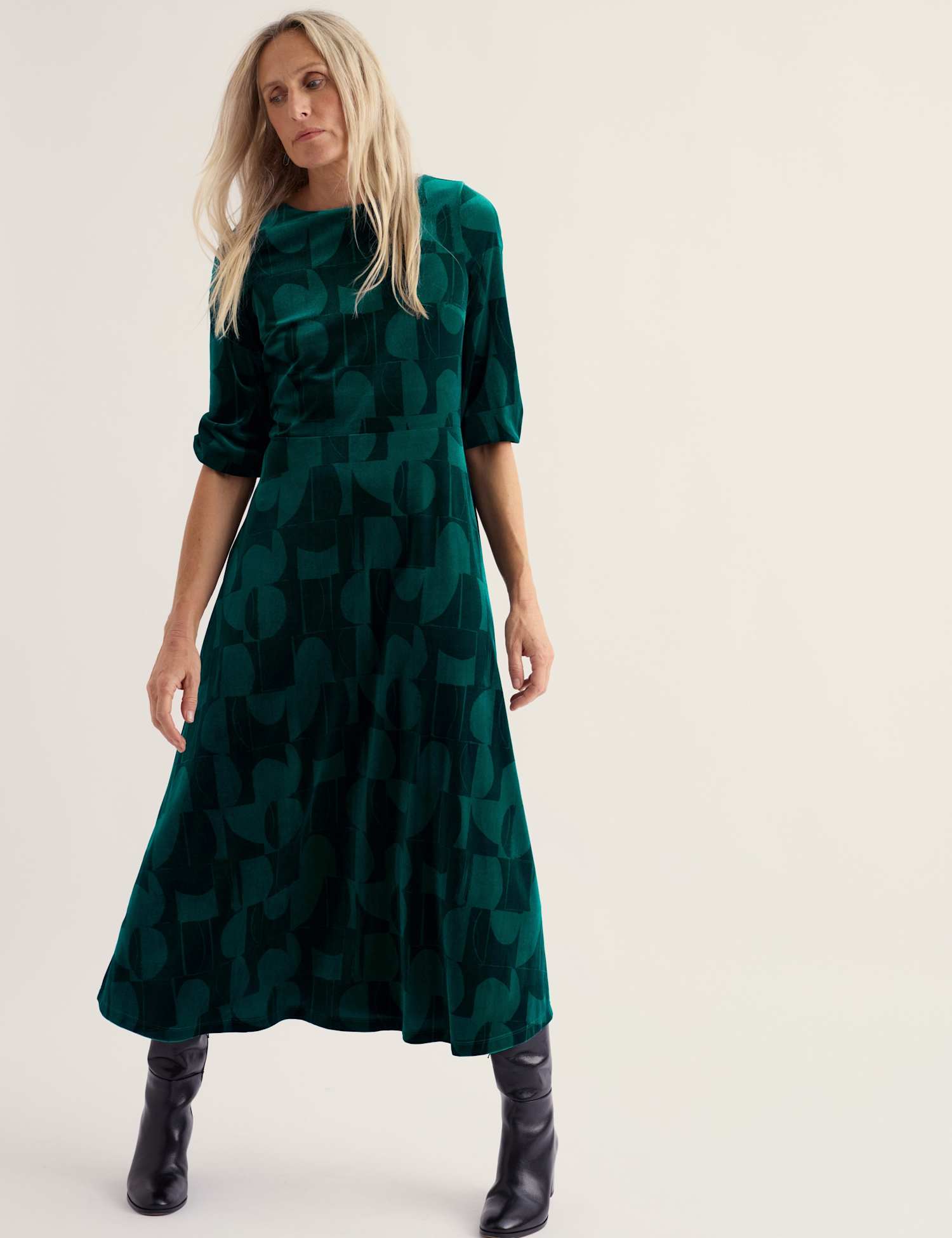 Seasalt Cornwall Velvet Geometric Midaxi Dress Teal Mix