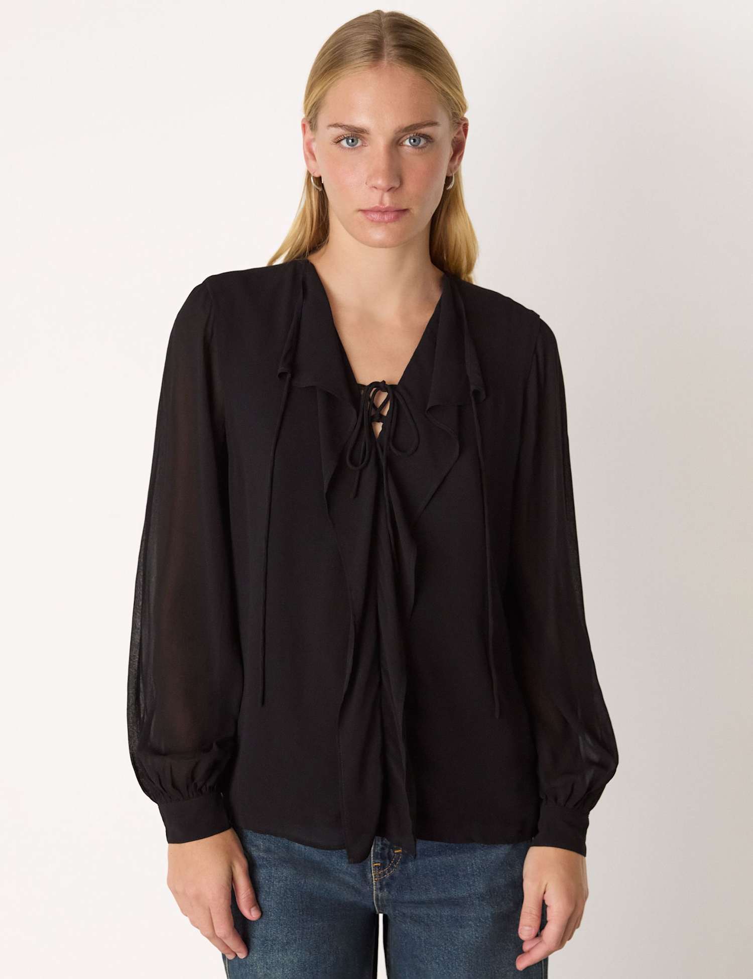 Whistles Sheer V-Neck Frill Neck Blouse Black