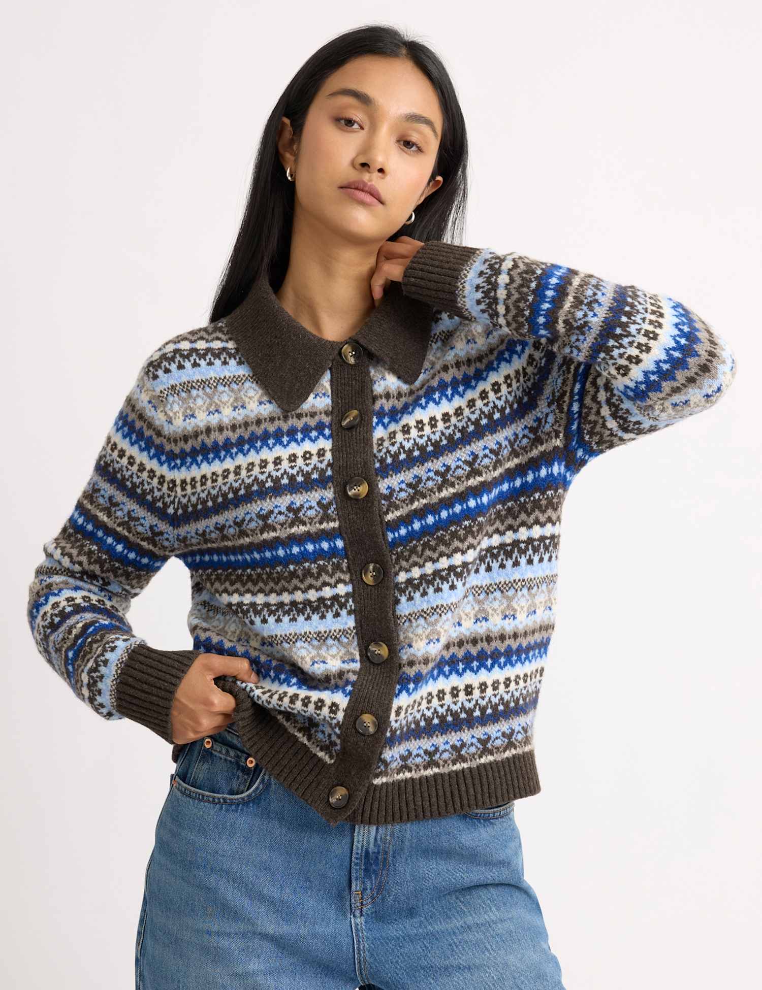 Albaray Fair Isle Collared Cardigan with Wool Blue Mix