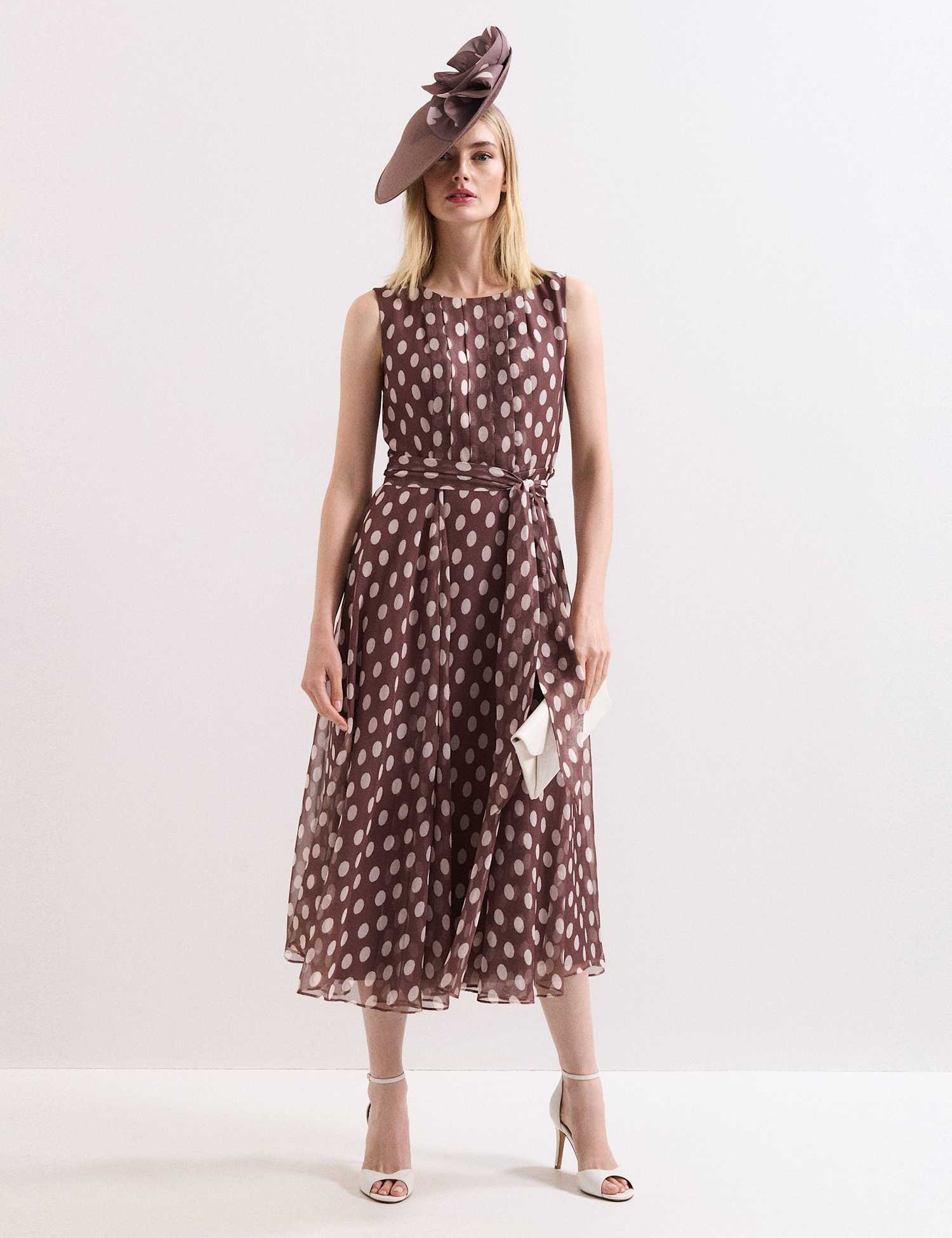 Phase Eight Spot Print Bow Detail Midi Skater Dress Brown Mix