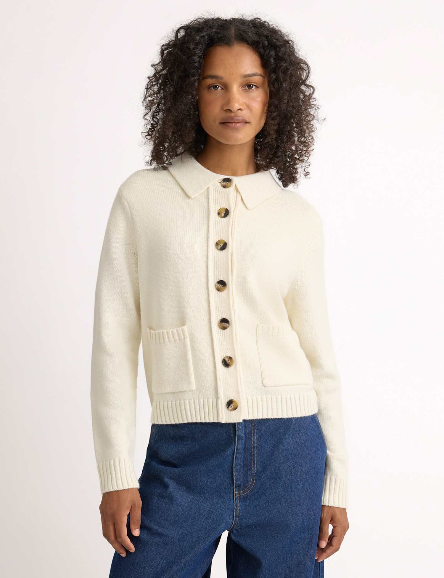 Albaray Collared Button Front Pocket Cardigan with Wool Cream