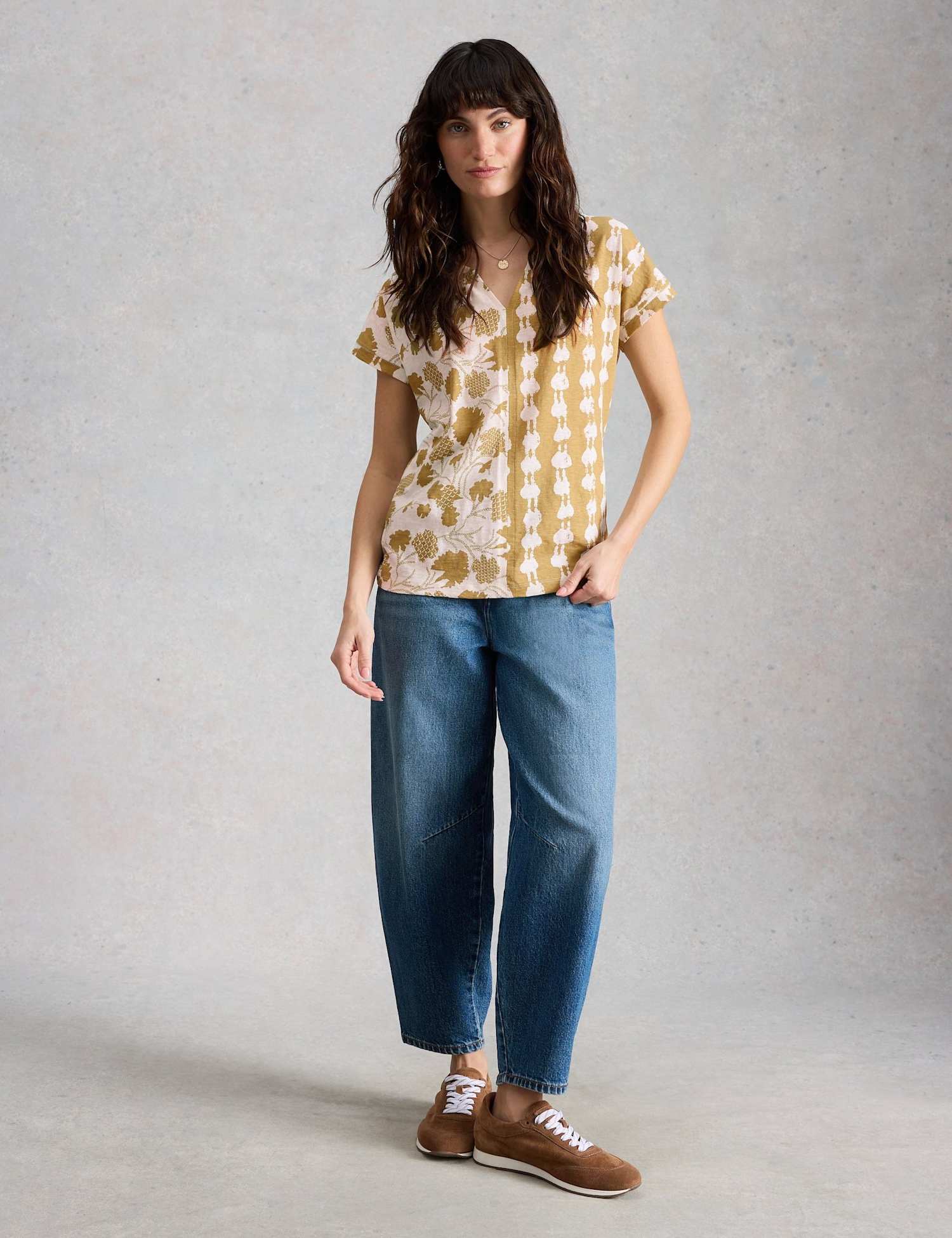White Stuff Pure Cotton Floral Print T-Shirt Green Mix
