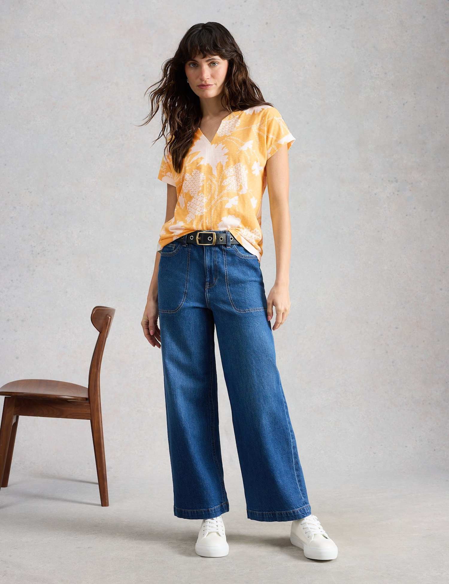 White Stuff Pure Cotton Floral Print T-Shirt Yellow Mix