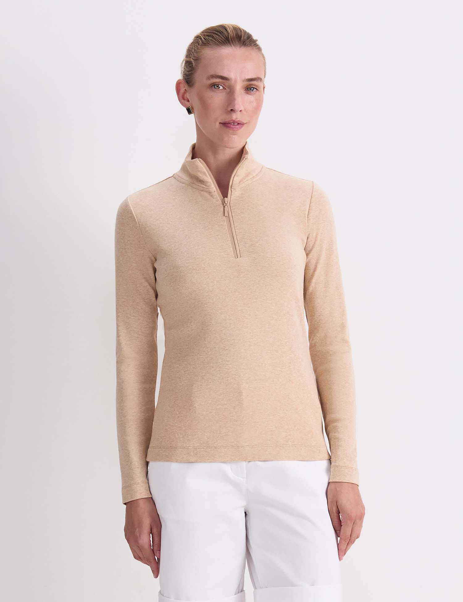 Sportscraft Pure Cotton Zip Funnel Neck Top Brown