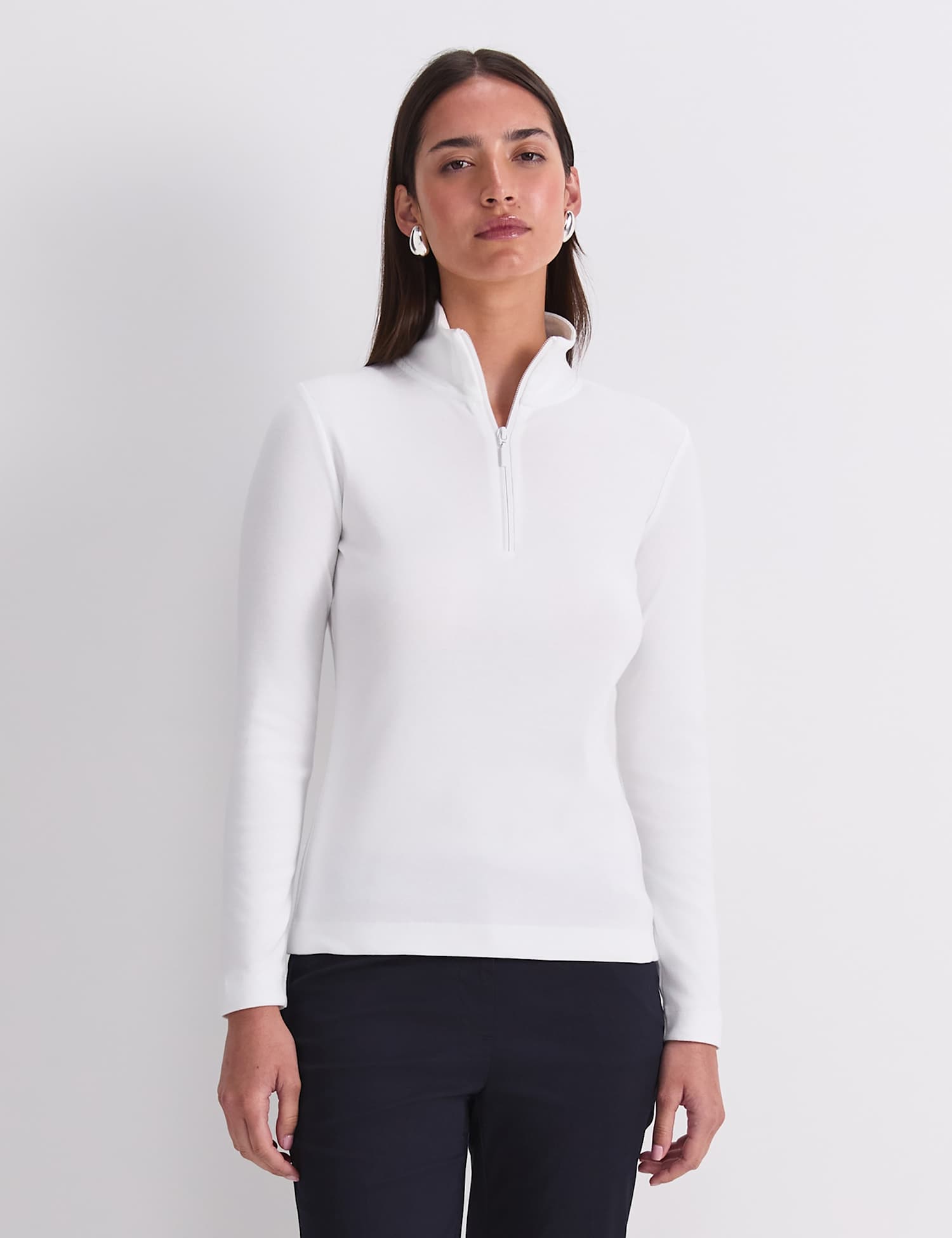 Sportscraft Pure Cotton Zip Funnel Neck Top White